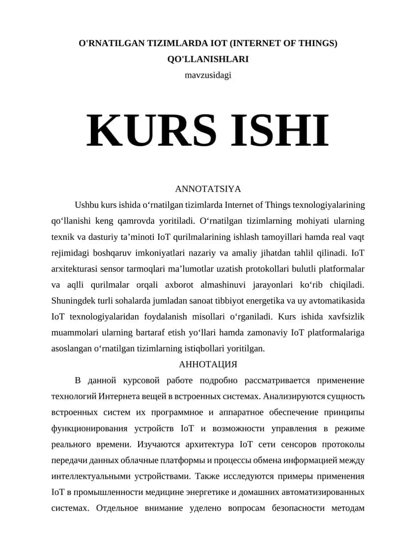 O'RNATILGAN TIZIMLARDA IOT (INTERNET OF THINGS) QO'LLANISHLARI 1