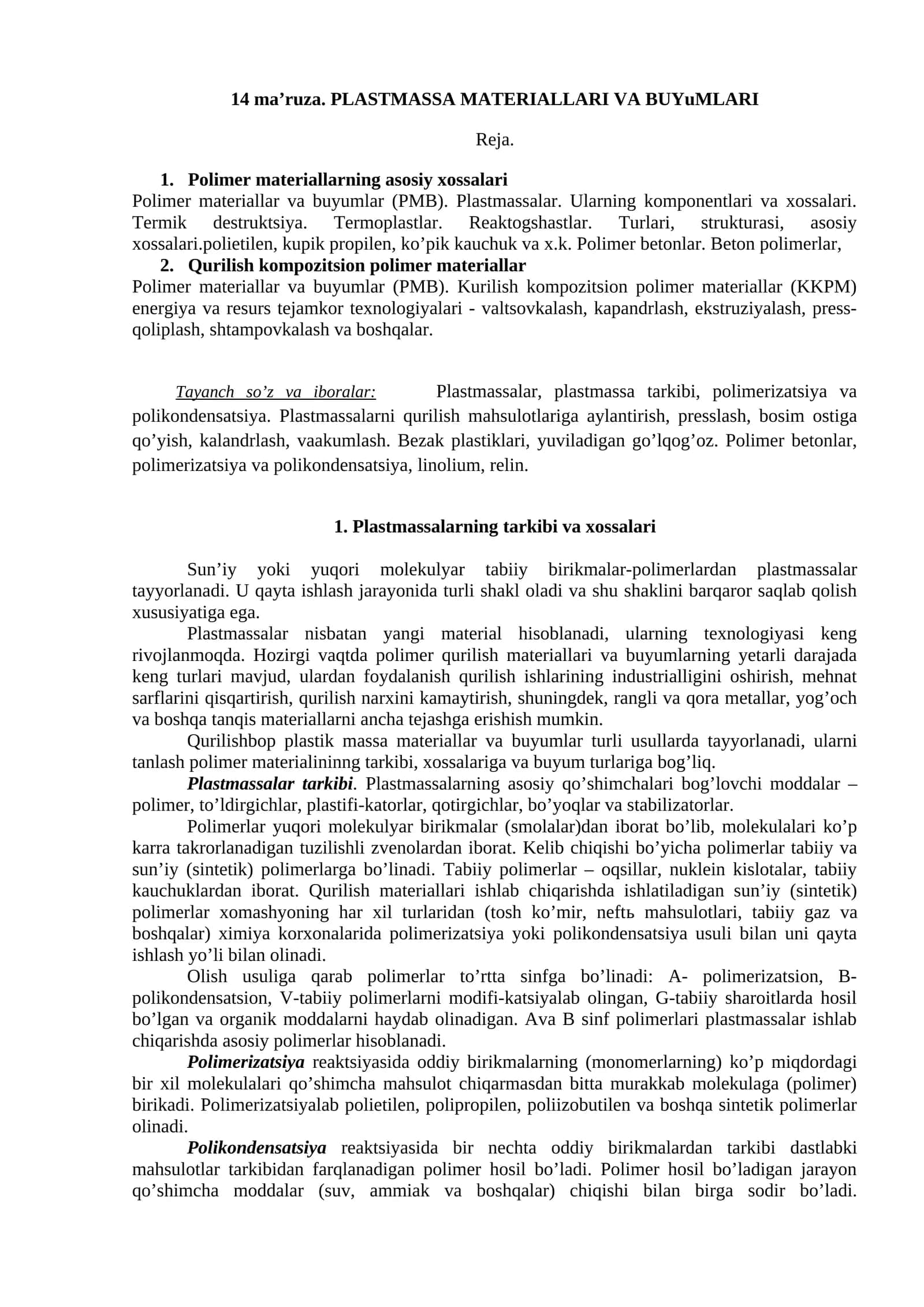 Plastmassa Materiallari va Buylari 1