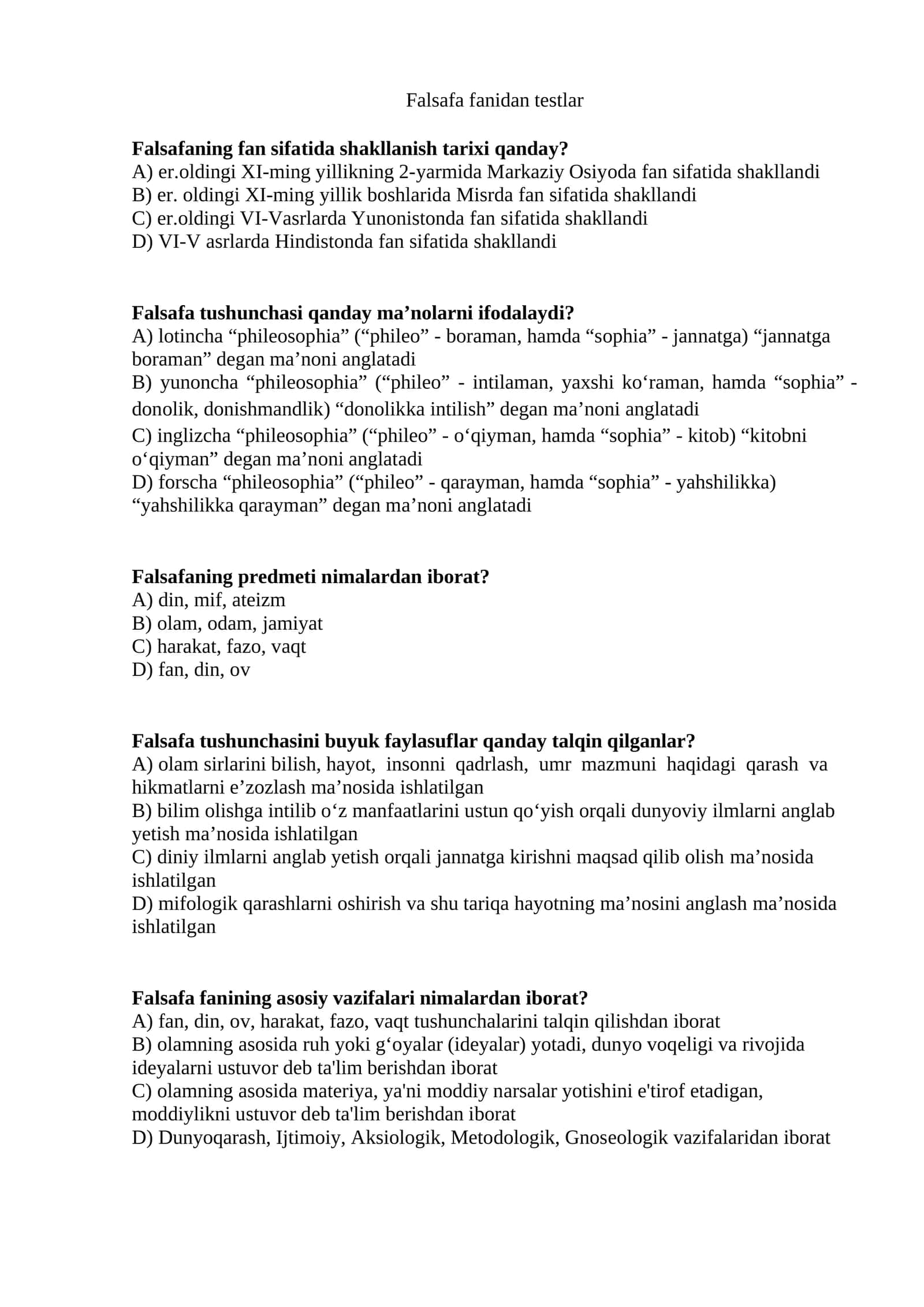 Falsafa fanidan testlar 1