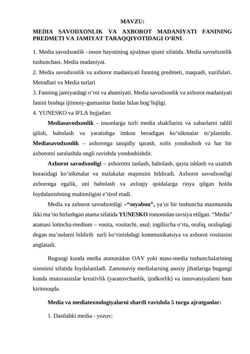 MEDIA SAVODXONLIK VA AXBOROT MADANIYATI FANINING PREDMETI VA JAMIYAT TARAQQIYOTIDAGI O‘RNI 1