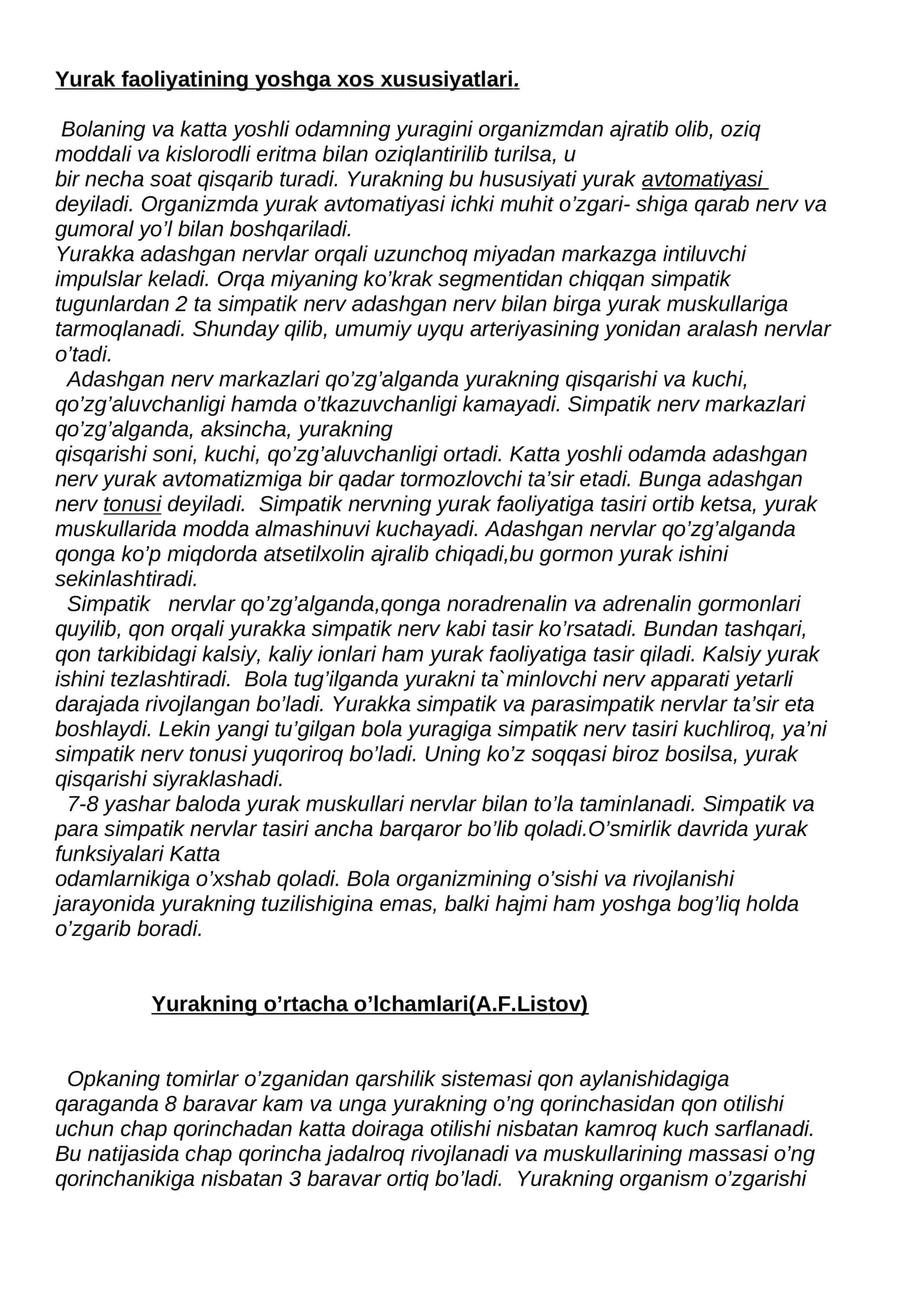 Yurak faoliyatining yoshga xos xususiyatlari 1