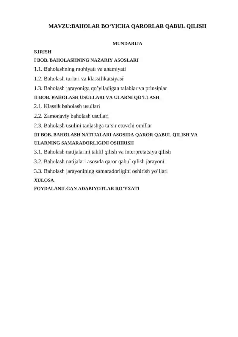 BAHOLAR BO‘YICHA QARORLAR QABUL QILISH