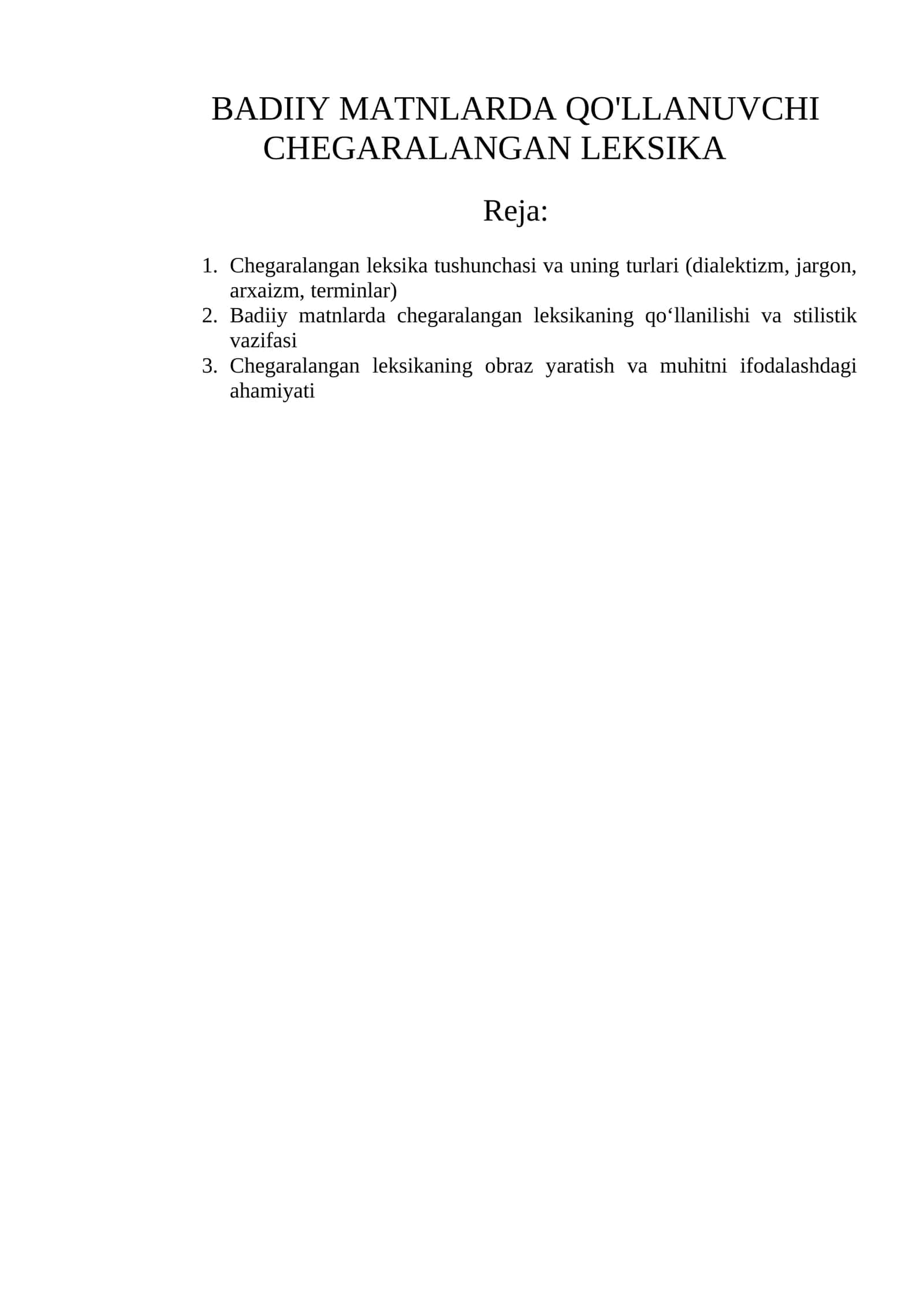 BADIIY MATNLARDA QO'LLANUVCHI CHEGARALANGAN LEKSIKA 1