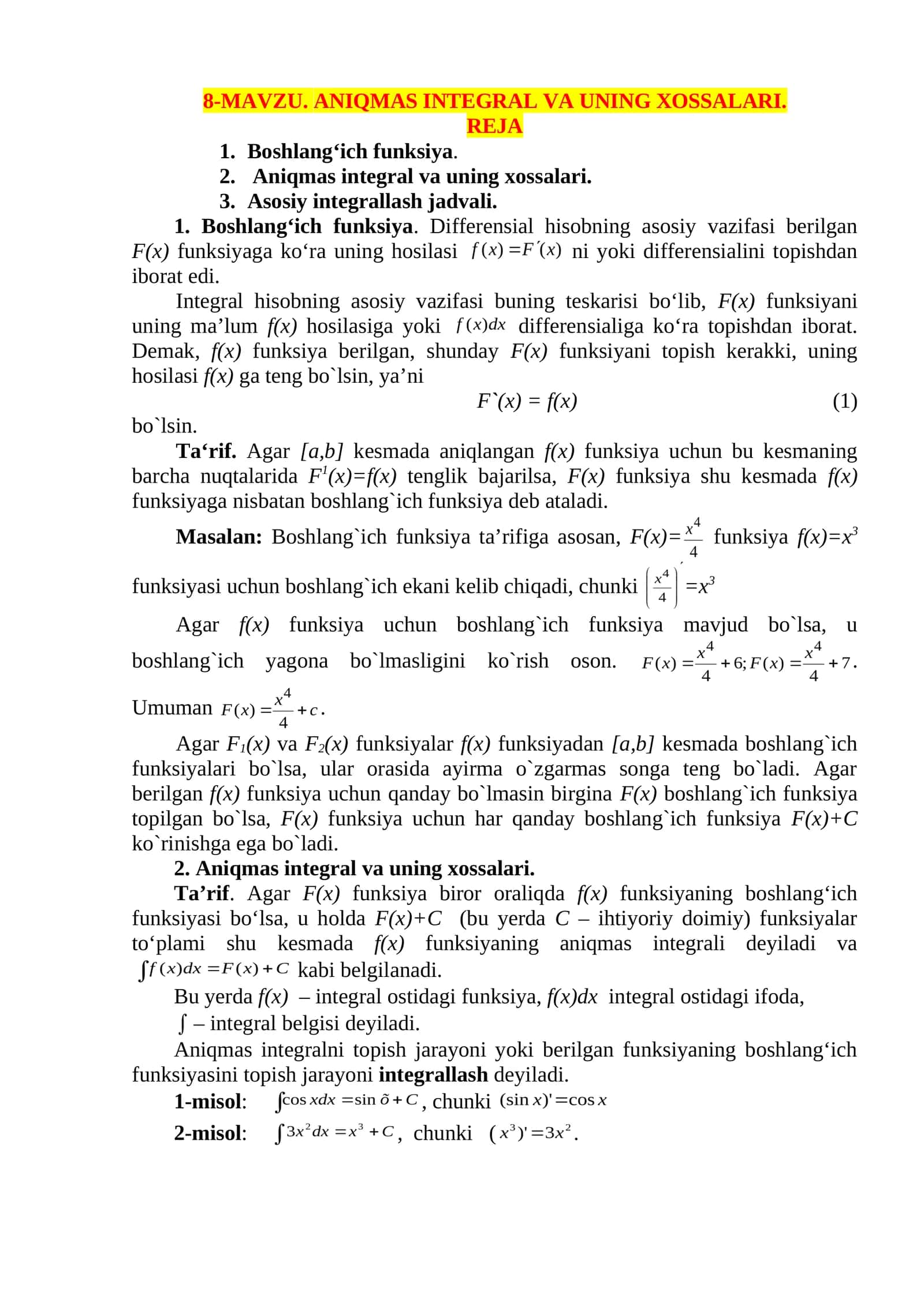ANIQMAS INTEGRAL VA UNING XOSSALARI 1