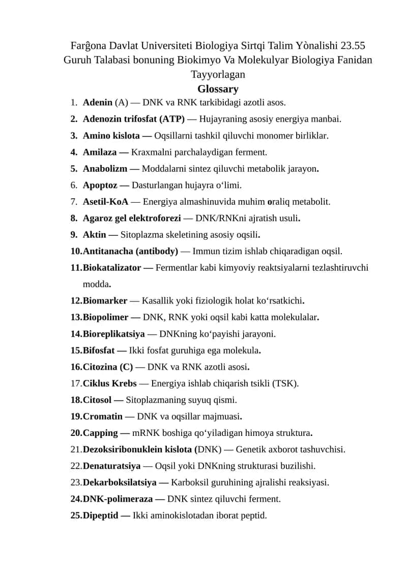 Biokimyo Va Molekulyar Biologiya Fanidan  Glossary 1