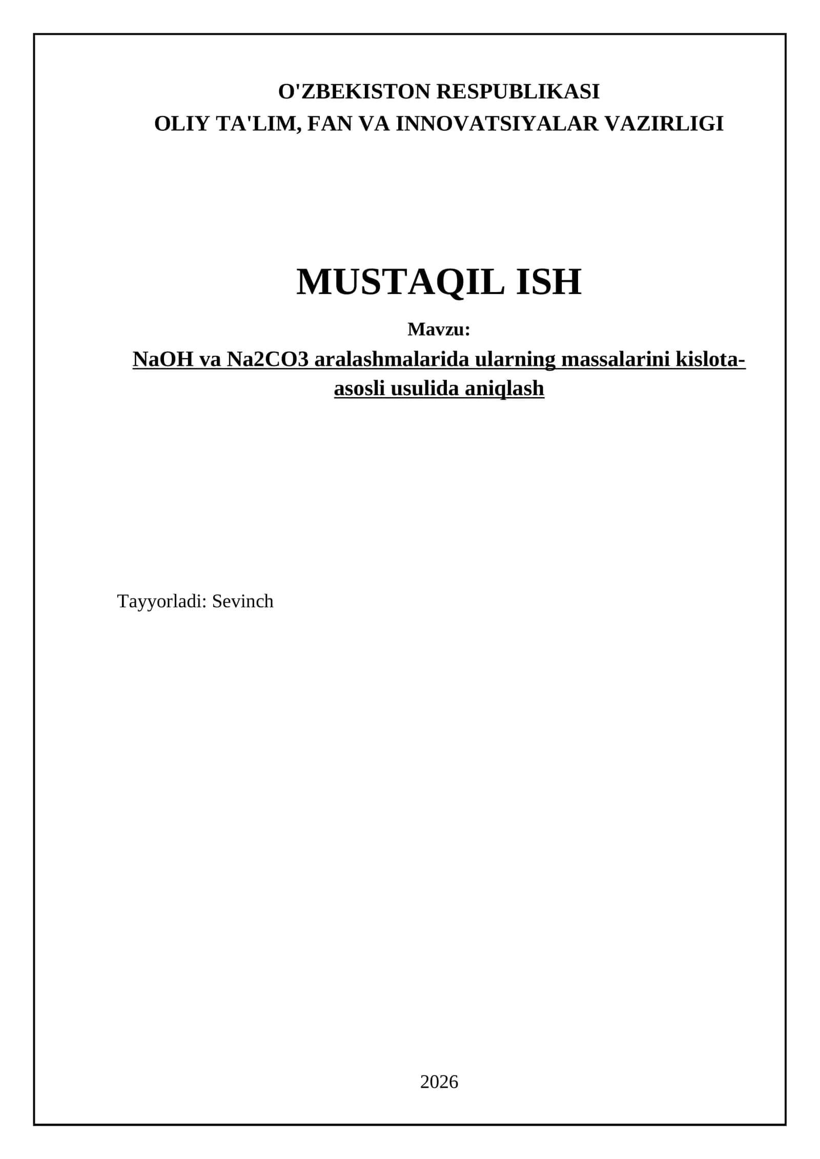 NaOH va Na2CO3 aralashmalarida ularning massalarini kislota-asosli usulida aniqlash 1