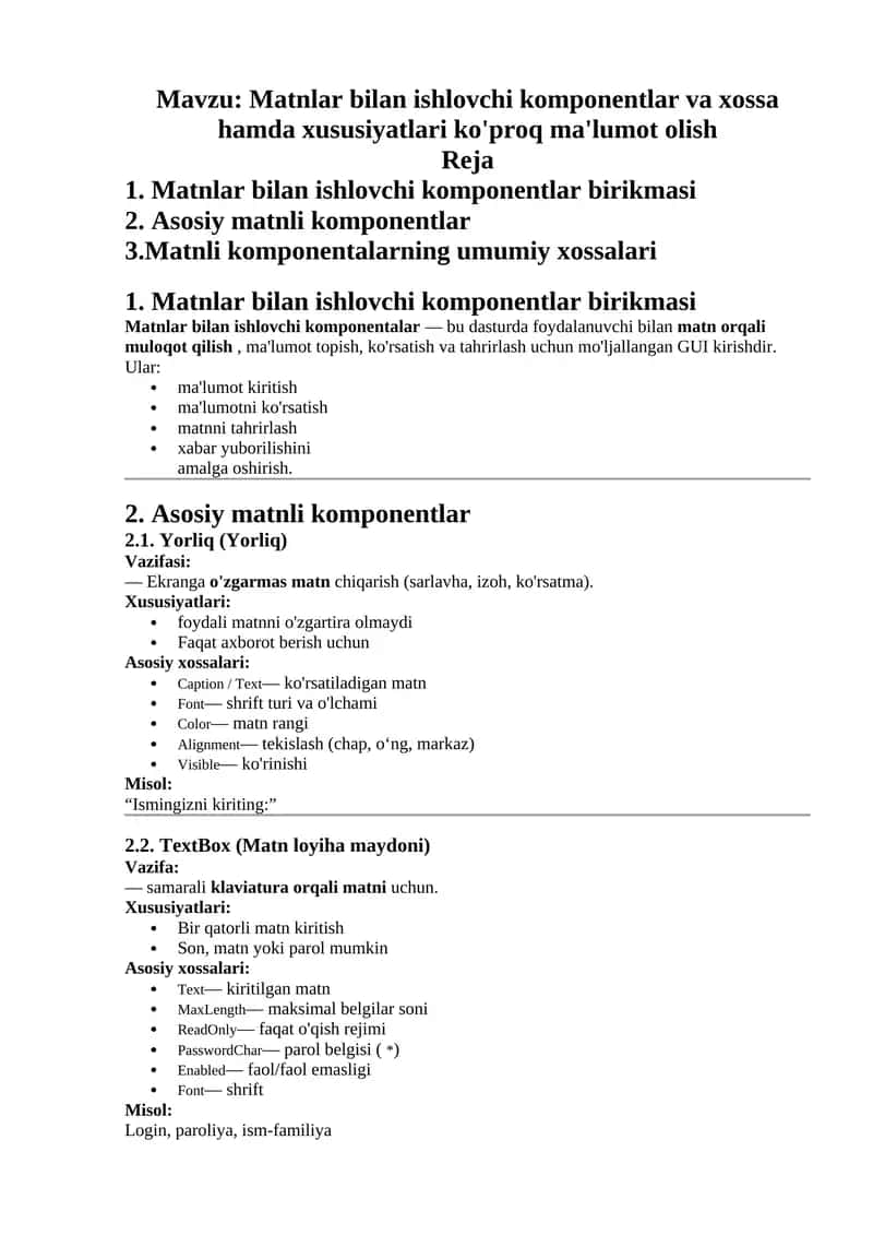 Matnlar bilan ishlovchi komponentlar va xossalari 1