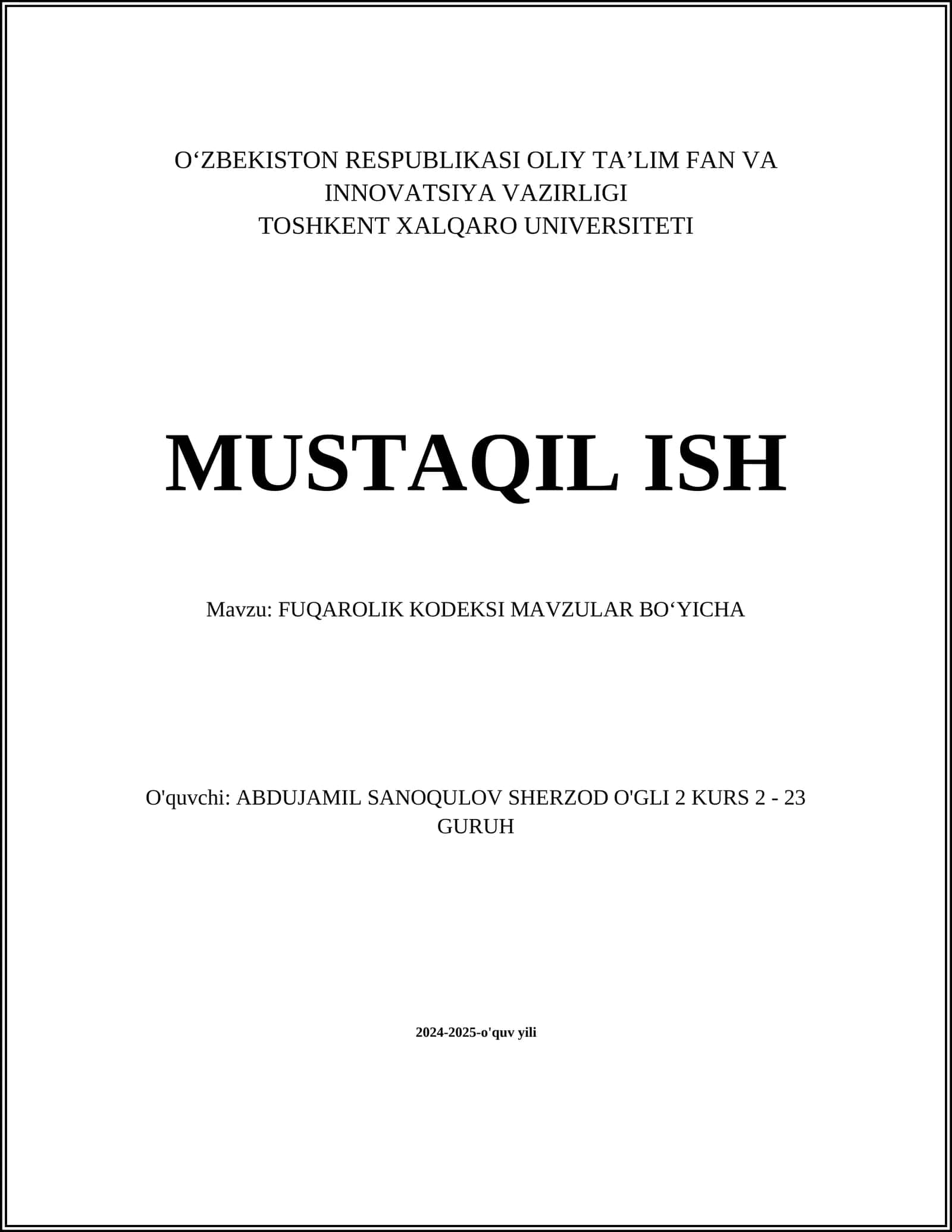 FUQAROLIK KODEKSI MAVZULAR BOʻYICHA 1