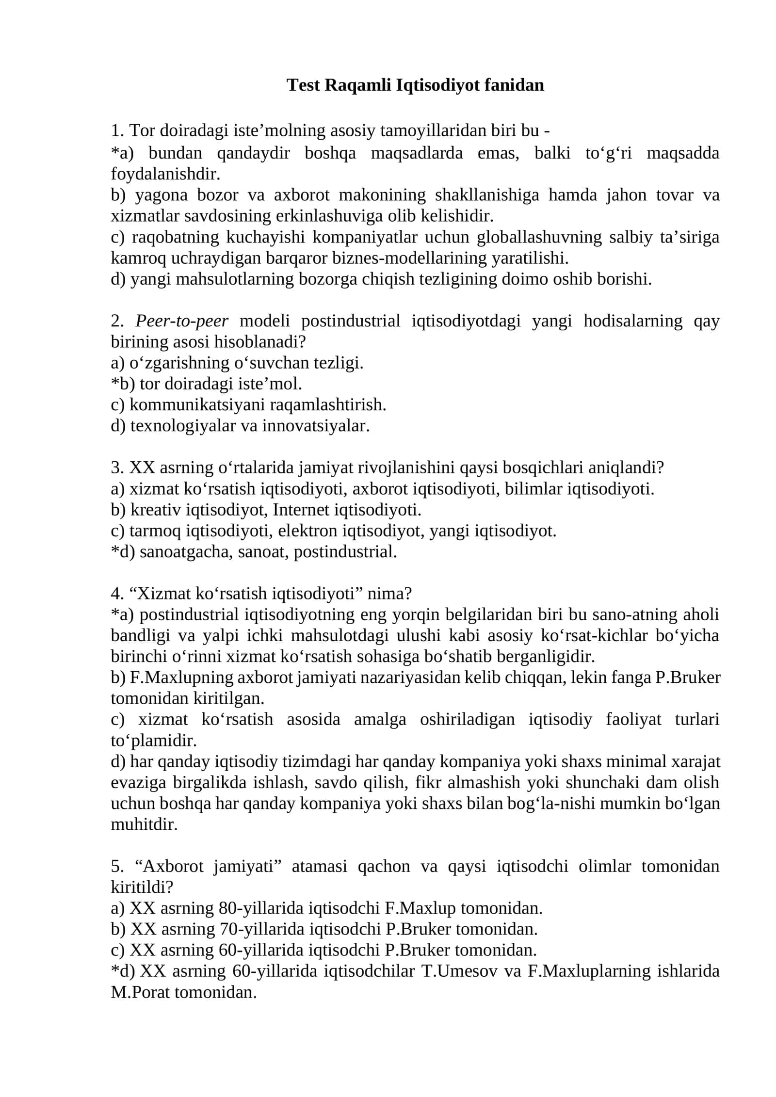 Test Raqamli Iqtisodiyot fanidan 1