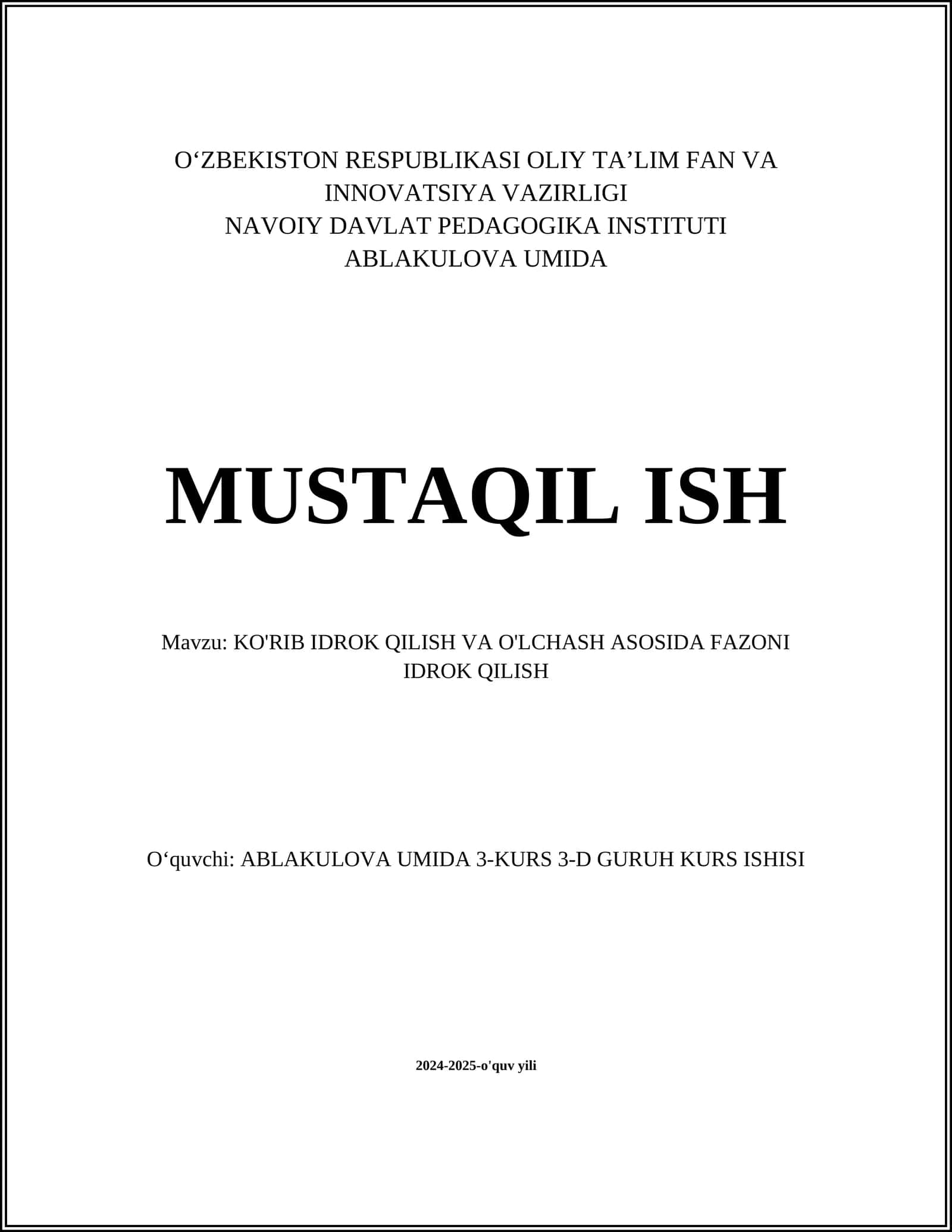 KO'RIB IDROK QILISH VA O'LCHASH ASOSIDA FAZONI IDROK QILISH 1