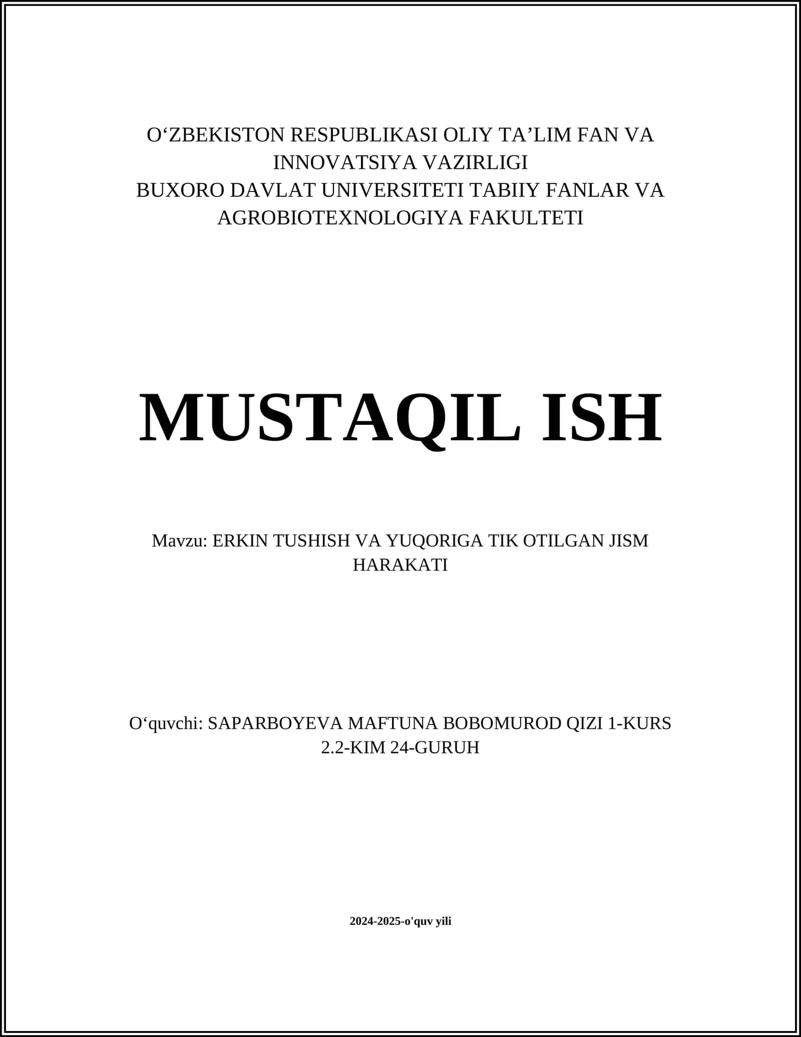 ERKIN TUSHISH VA YUQORIGA TIK OTILGAN JISM HARAKATI 1