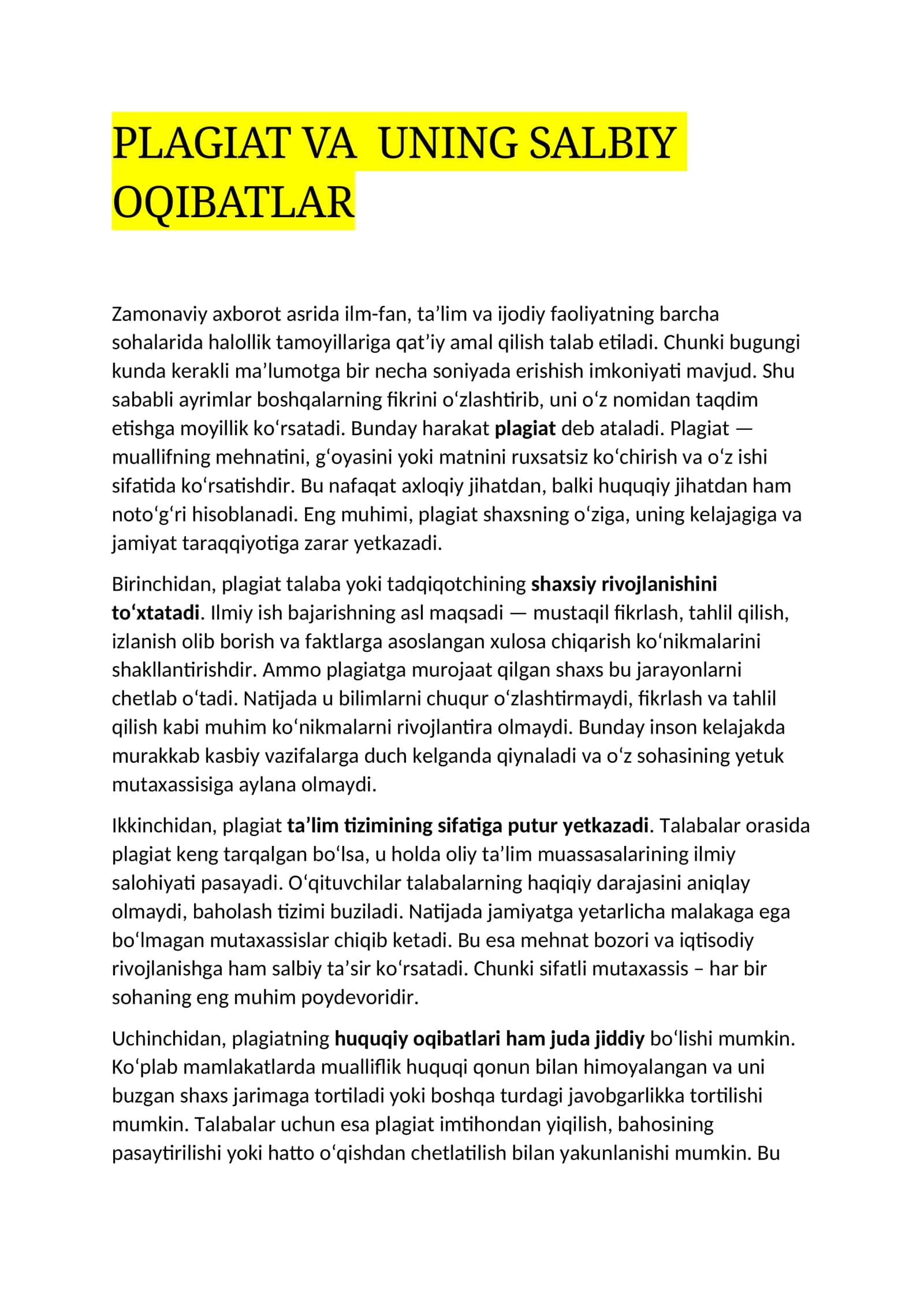 PLAGIAT VA UNING SALBIY OQIBATLAR 1