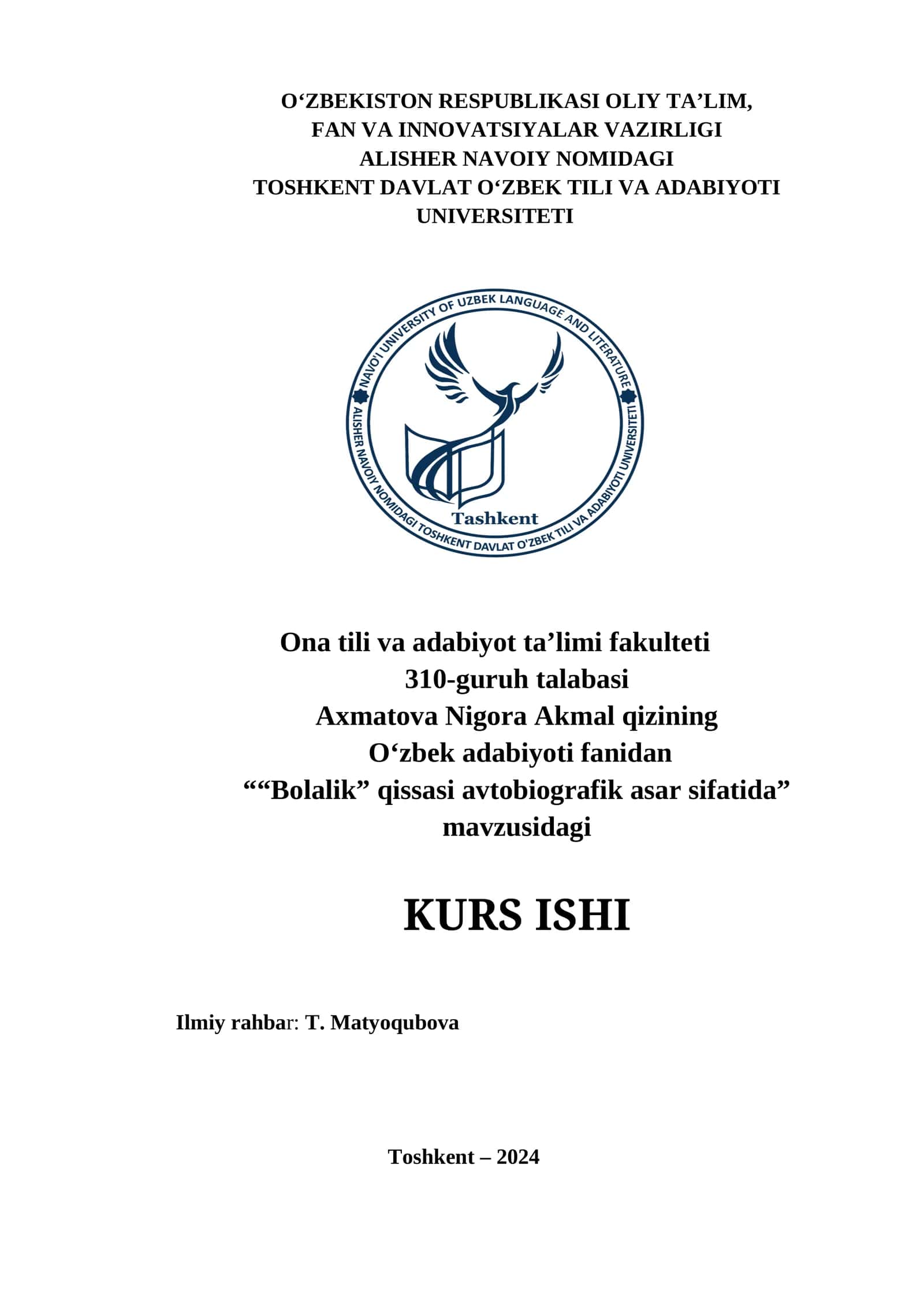 "“Bolalik” qissasi avtobiografik asar sifatida” KURS ISHI" 1