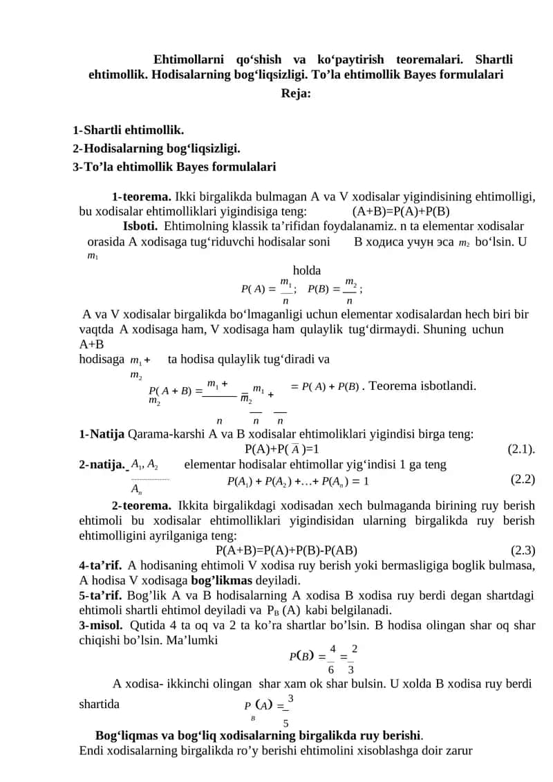 Shartli ehtimollik va Bayes formulalari 1