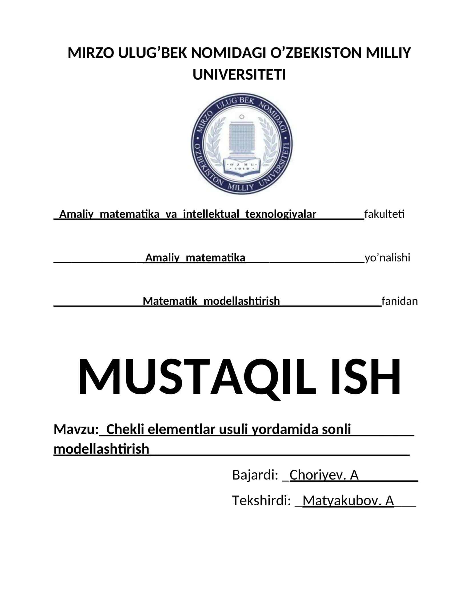 Chekli elementlar usuli yordamida sonli modellashtirish 1