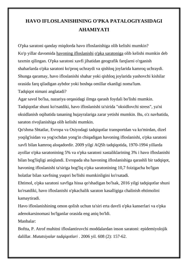 O'pka saratoni va havo ifloslanishi 1