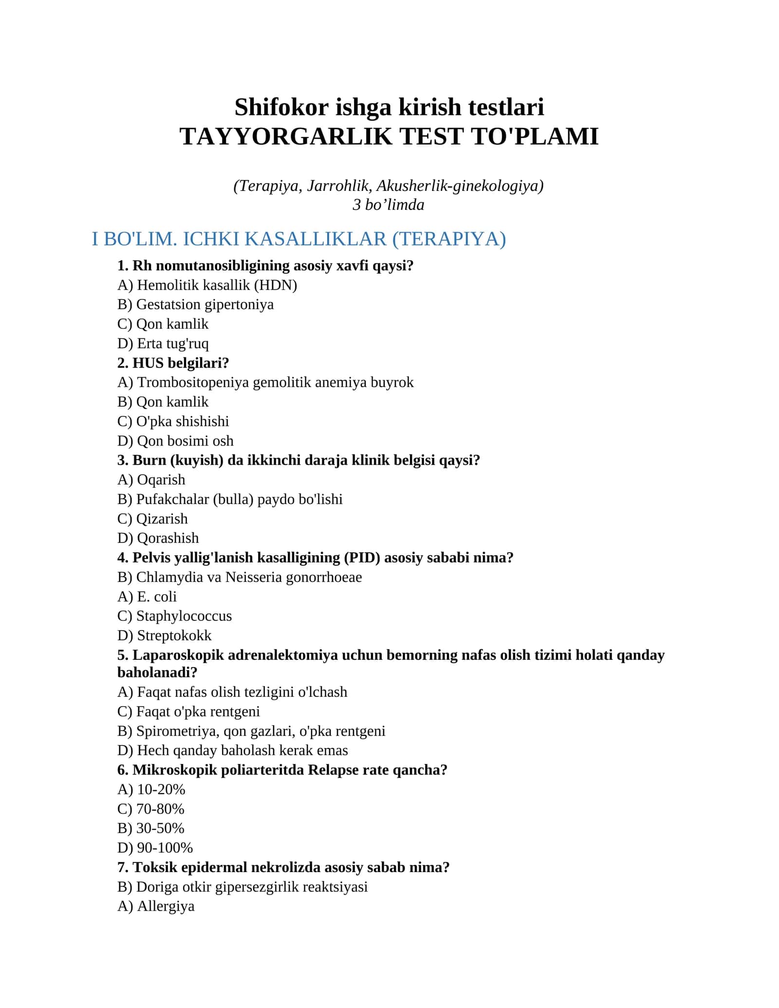 Shifokor ishga kirish testlari 1