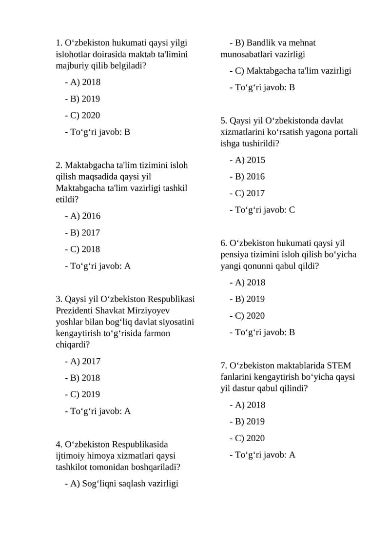 O‘zbekiston hukumati qaysi yilgi islohotlar 1
