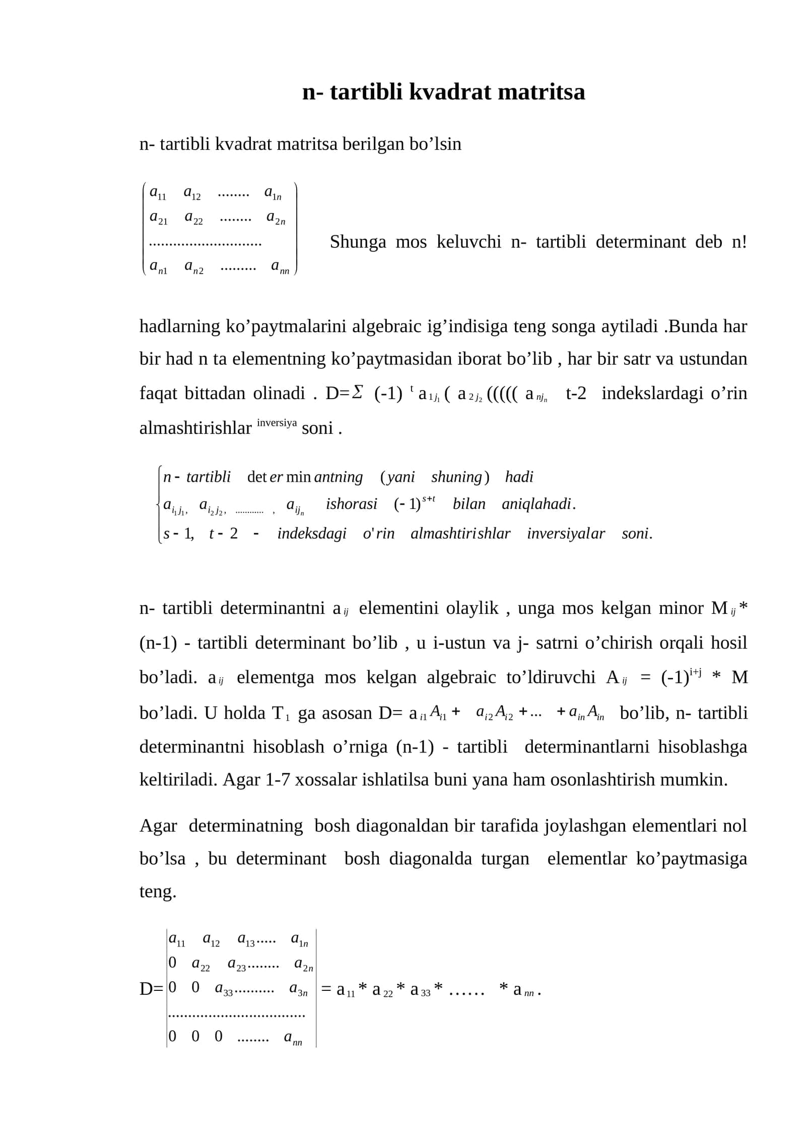 n- tartibli kvadrat matritsa 1