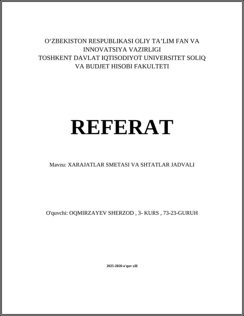 XARAJATLAR SMETASI VA SHTATLAR JADVALI 1