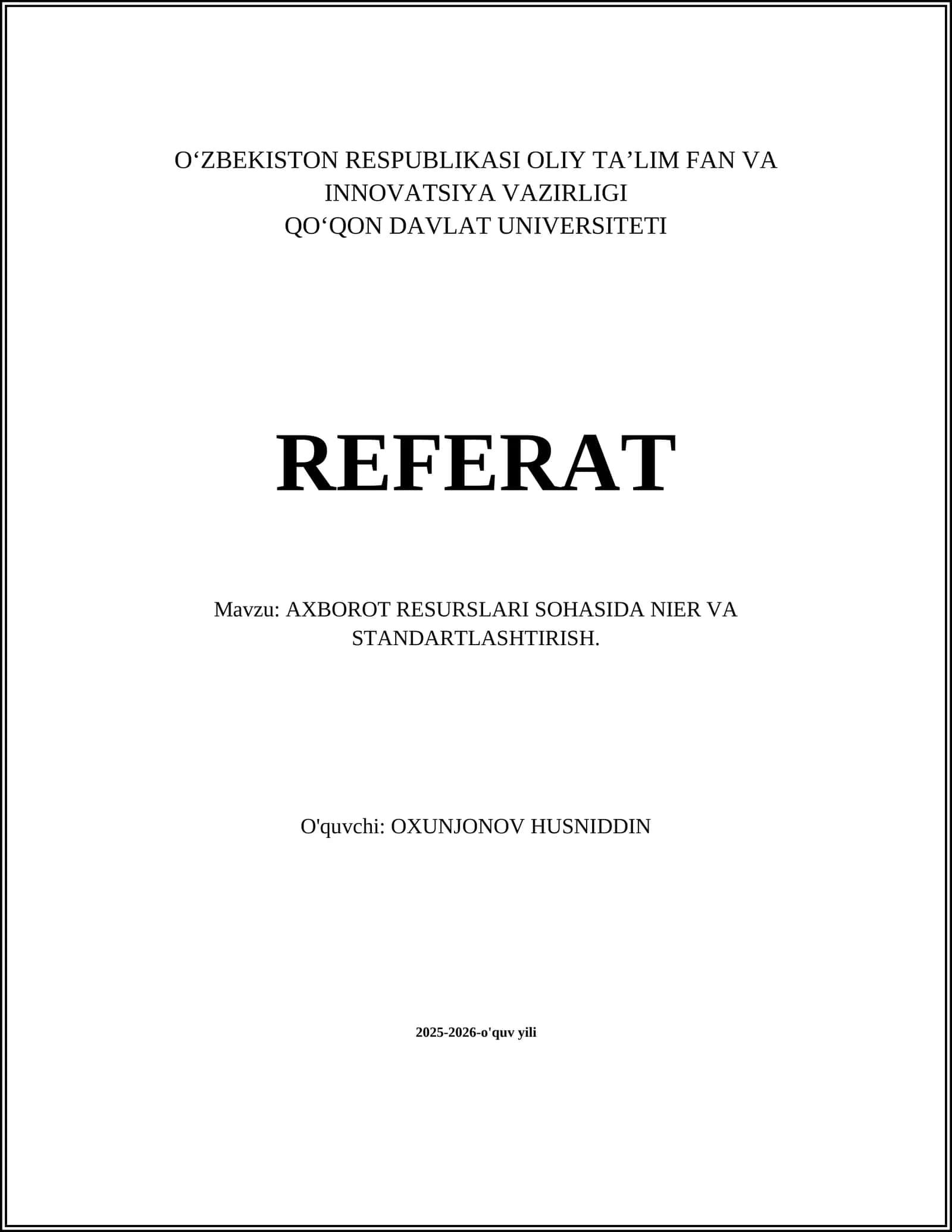 AXBOROT RESURSLARI SOHASIDA NIER VA STANDARTLASHTIRISH 1