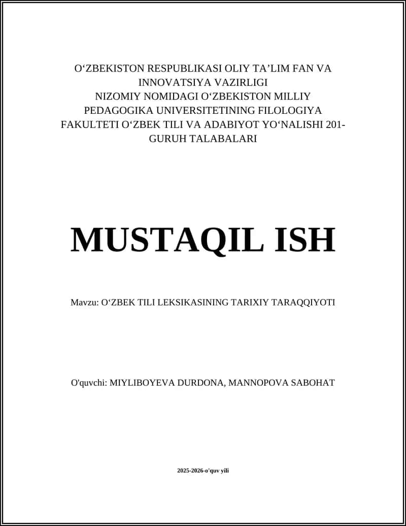Oʻzbek Tili Leksikasining Tarixiy Taraqqiyoti 1