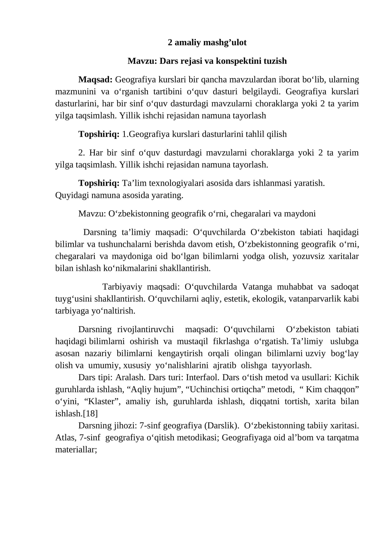 Dars rejasi va konspektini tuzish 1