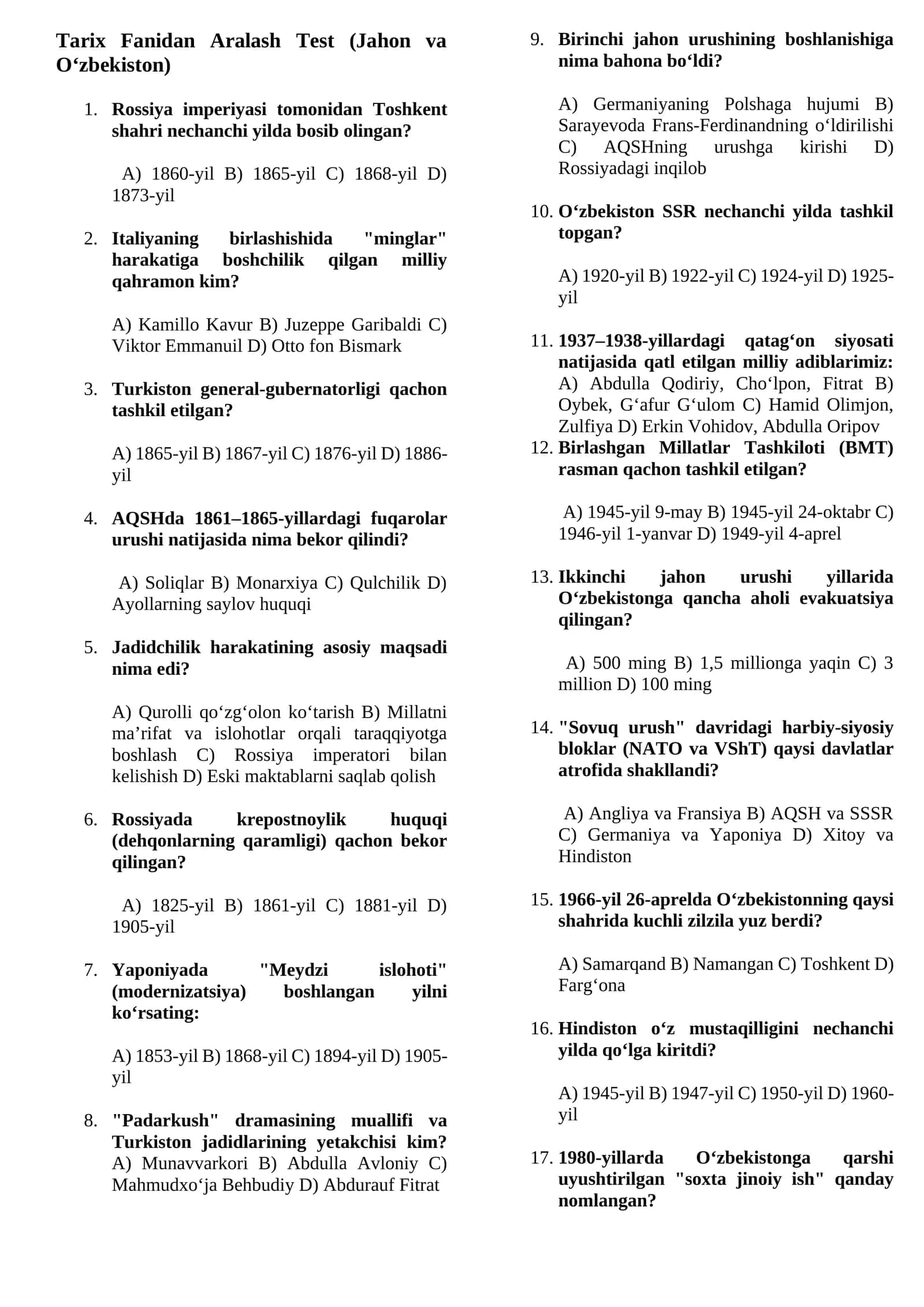 Tarix Fanidan Aralash Test (Jahon va O‘zbekiston) 1