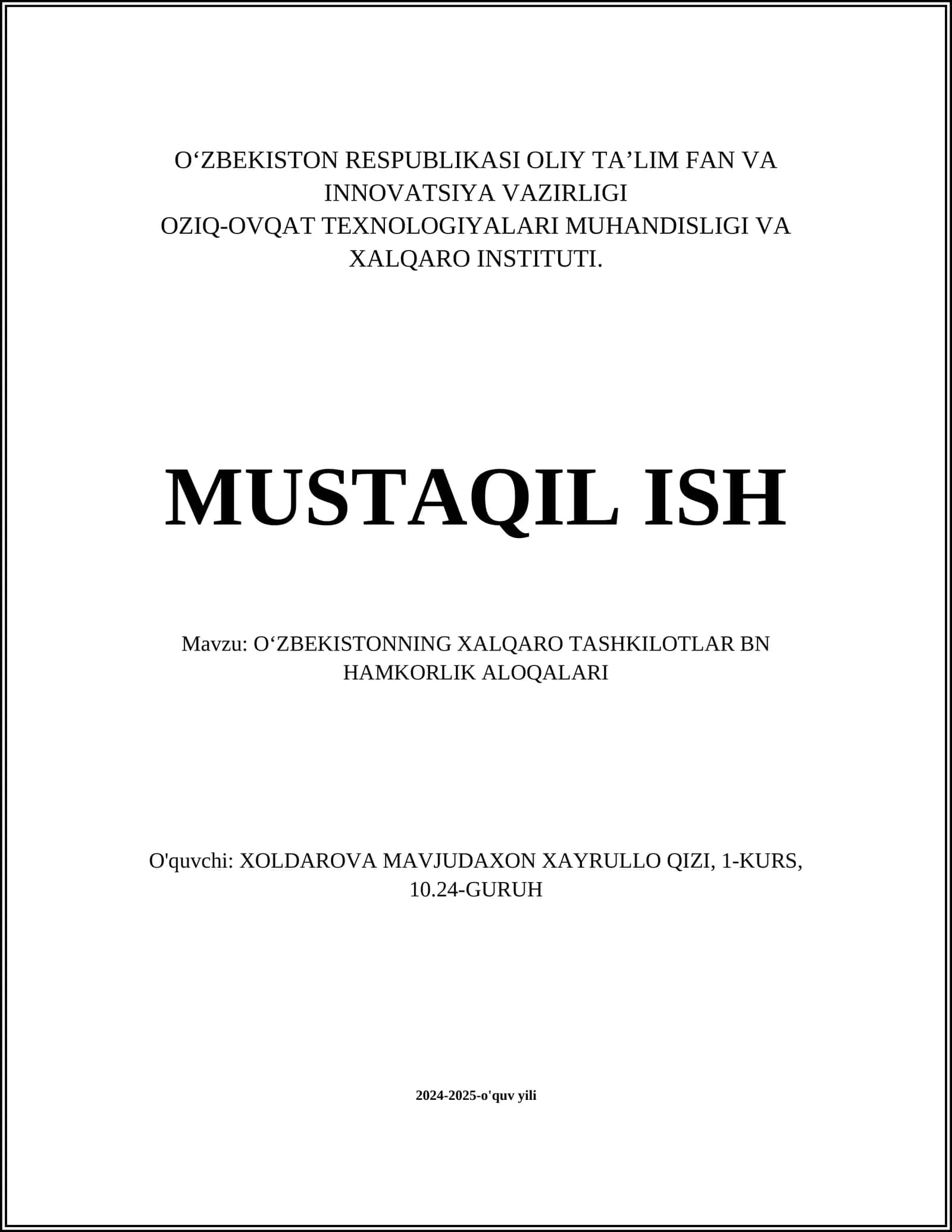 OʻZBEKISTONNING XALQARO TASHKILOTLAR BN HAMKORLIK ALOQALARI 1