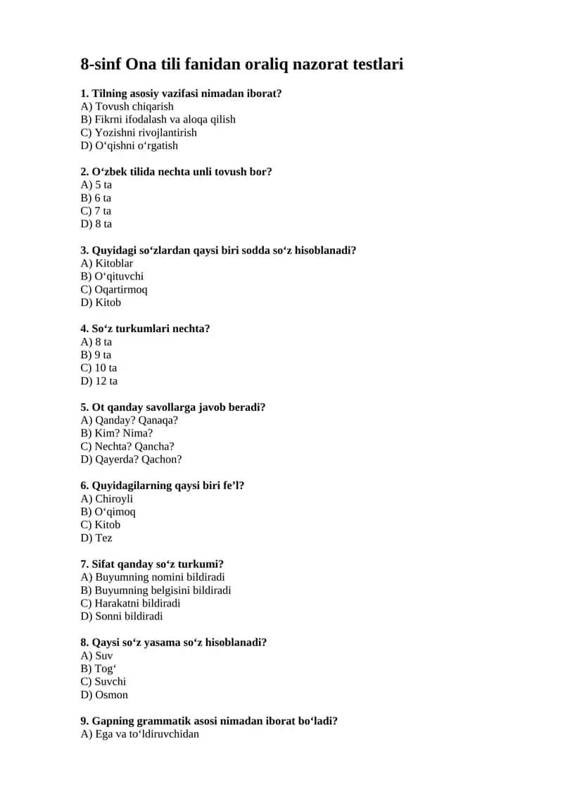 8-sinf Ona tili fanidan oraliq nazorat testlari 1