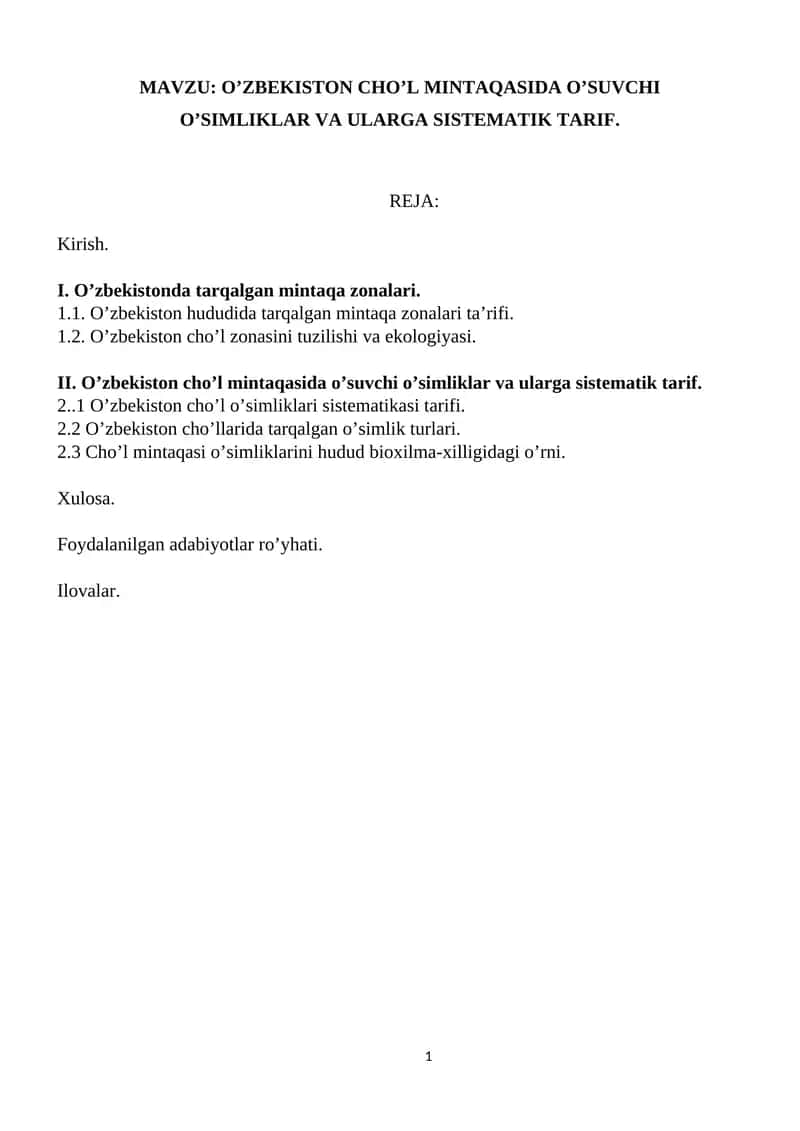 O’zbekiston Cho’l Mintaqasida O’Suvchi O’simliklar va Ularga Sistematik Tarif 1