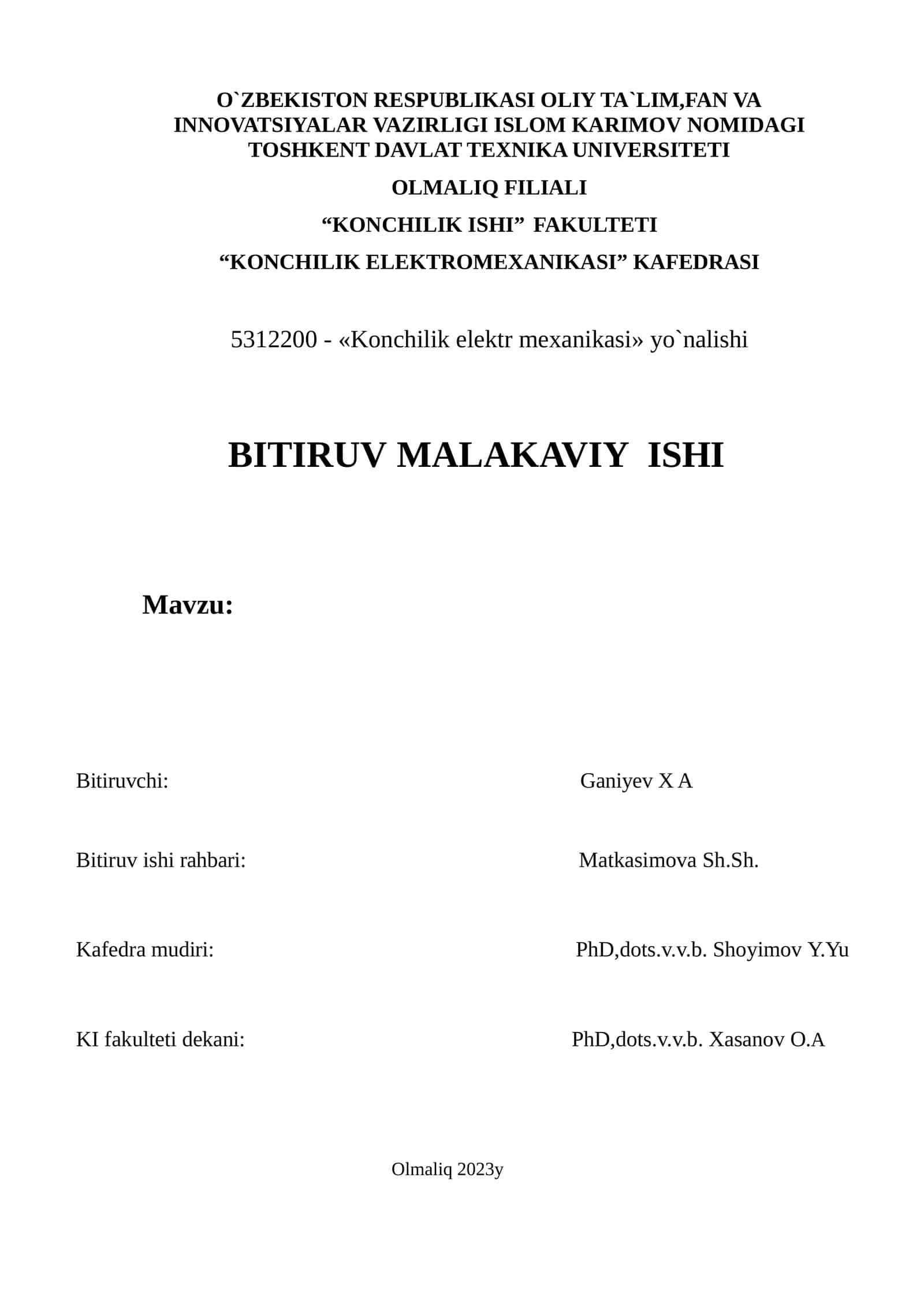 5312200 - «Konchilik elektr mexanikasi» yo`nalishi BITIRUV MALAKAVIY ISHI 1