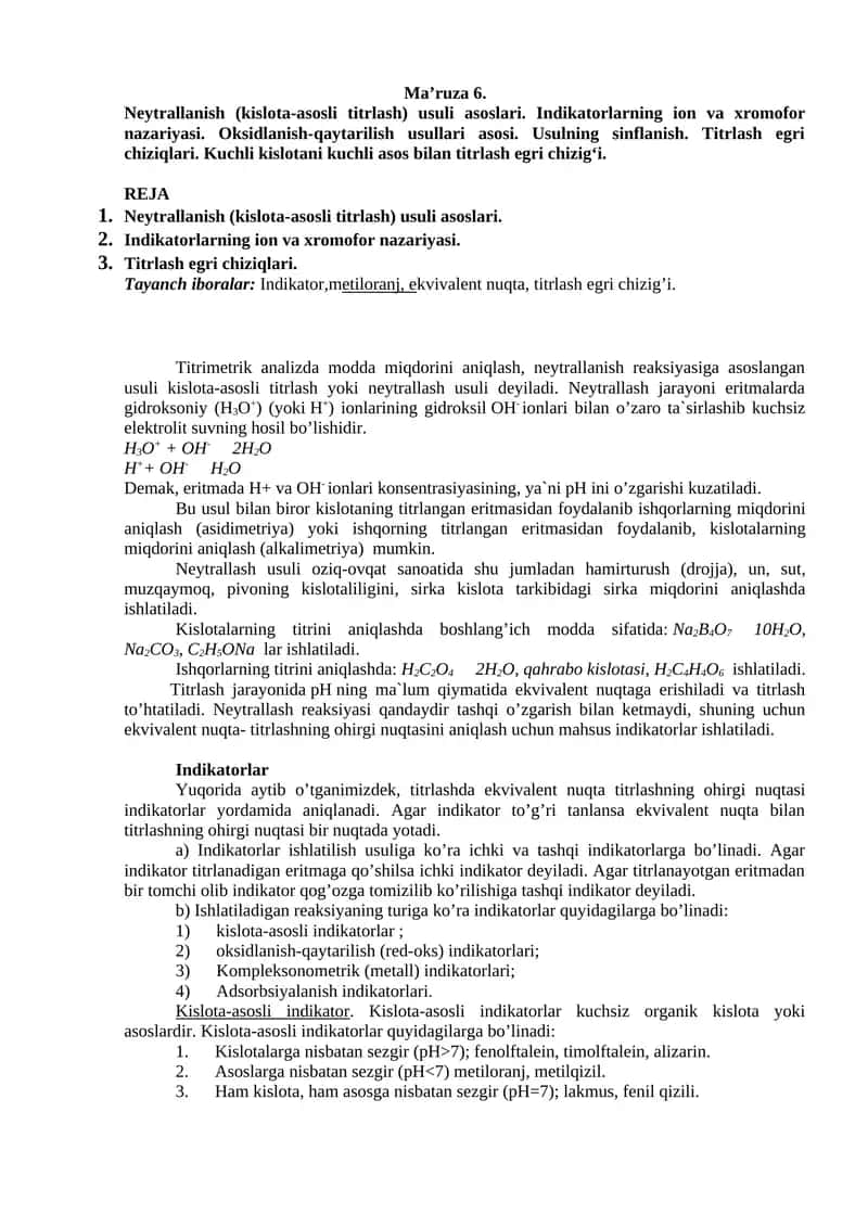 Neytrallanish (kislota-asosli titrlash) usuli 1