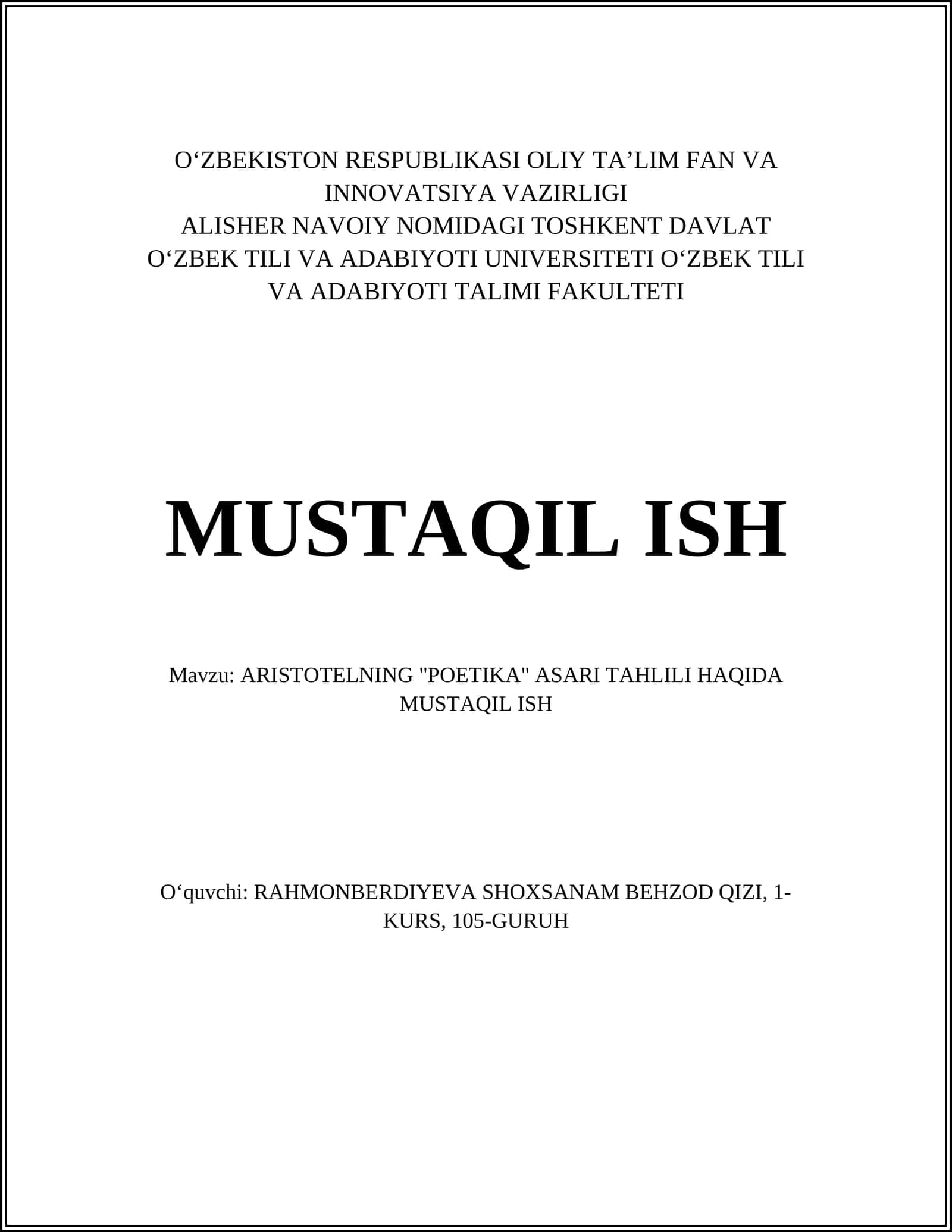 ARISTOTELNING "POETIKA" ASARI TAHLILI 1
