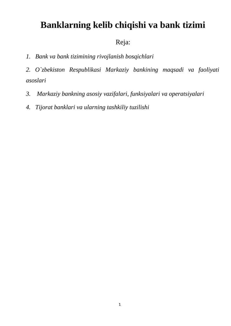 Banklarning kelib chiqishi va bank tizimi 1