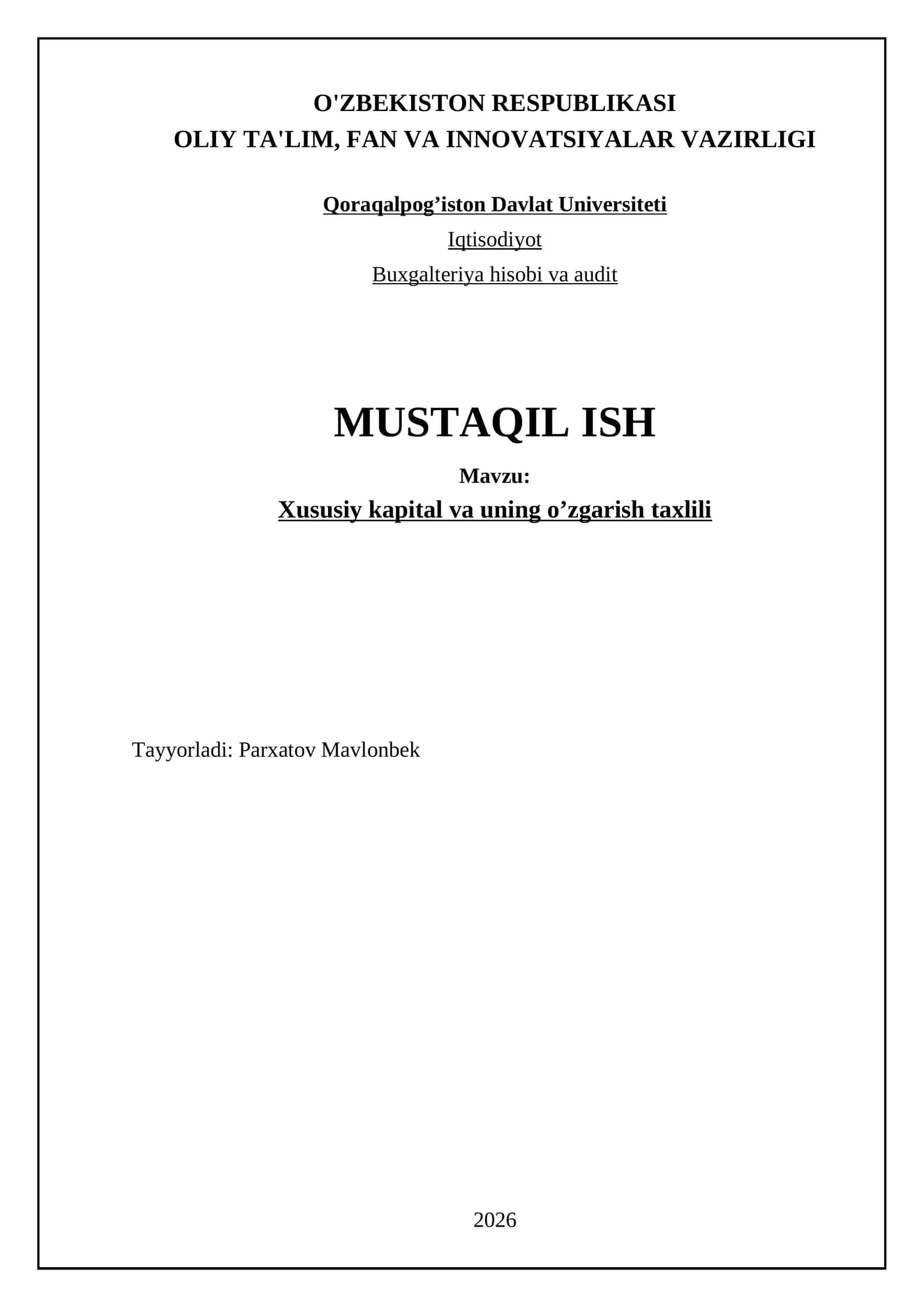 Xususiy kapital va uning o’zgarish taxlili 1