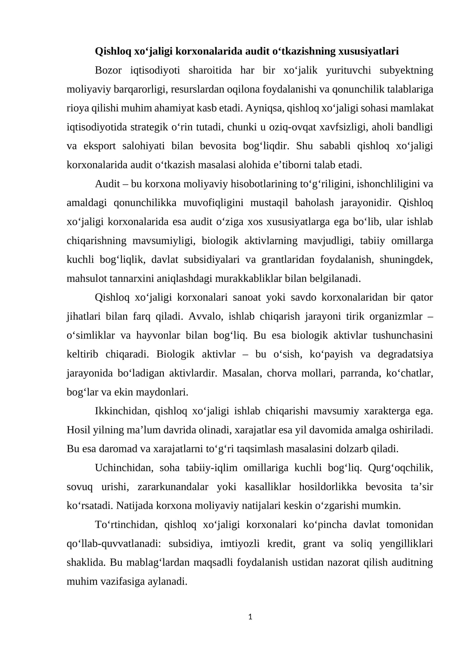 Qishloq xo'jaligi korxonalarida audit o'tkazishning xususiyatlari 1