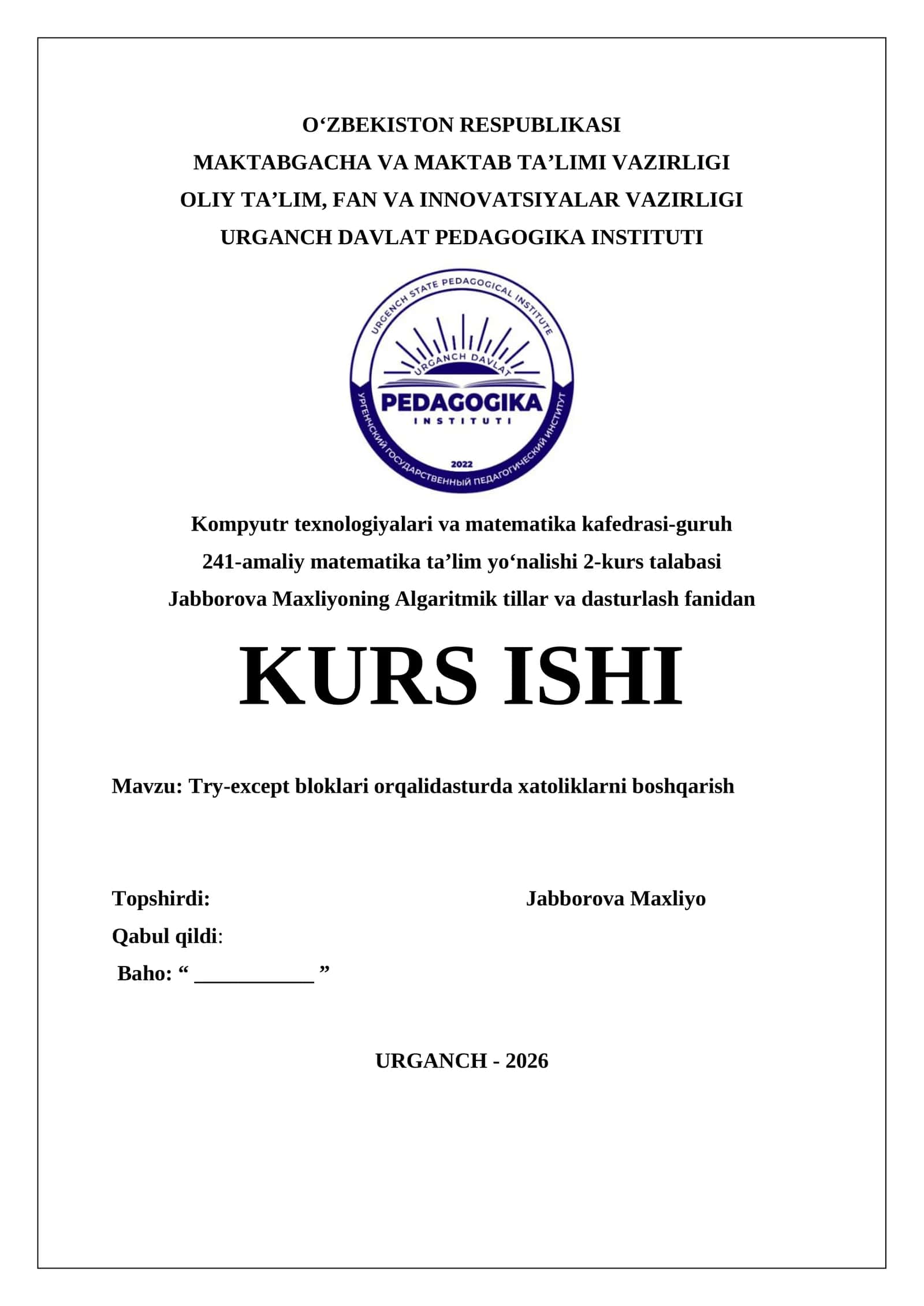 Try-except bloklari orqalidasturda xatoliklarni boshqarish 1