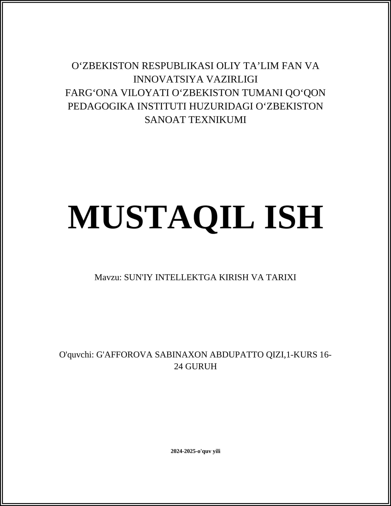 SUN'IY INTELLEKTGA KIRISH VA TARIXI 1