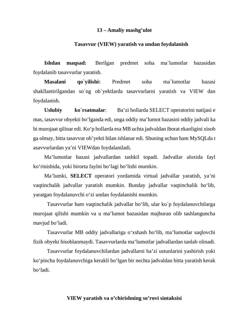 Tasavvur (VIEW) yaratish va undan foydalanish 1