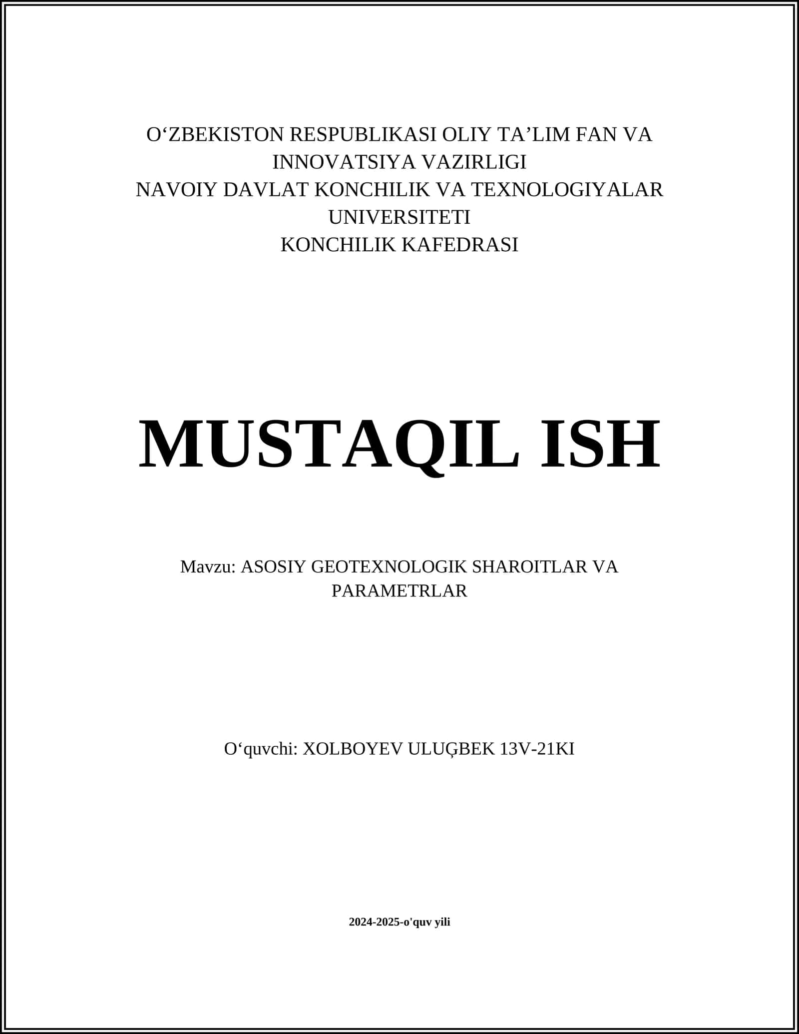 ASOSIY GEOTEXNOLOGIK SHAROITLAR VA PARAMETRLAR 1