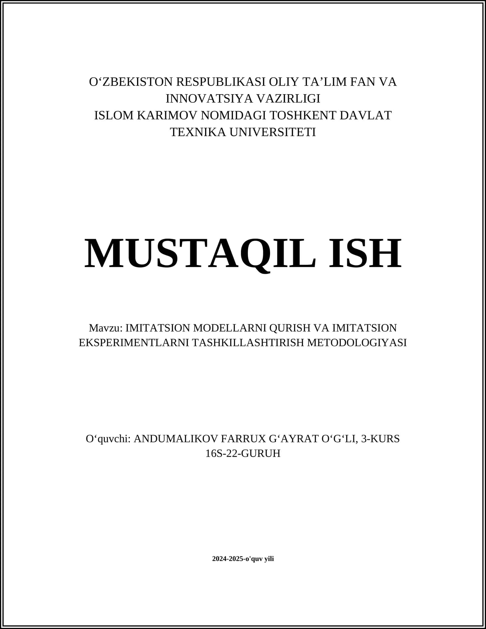 IMITATSION MODELLARNI QURISH VA IMITATSION EKSPERIMENTLARNI TASHKILLASHTIRISH METODOLOGIYASI 1