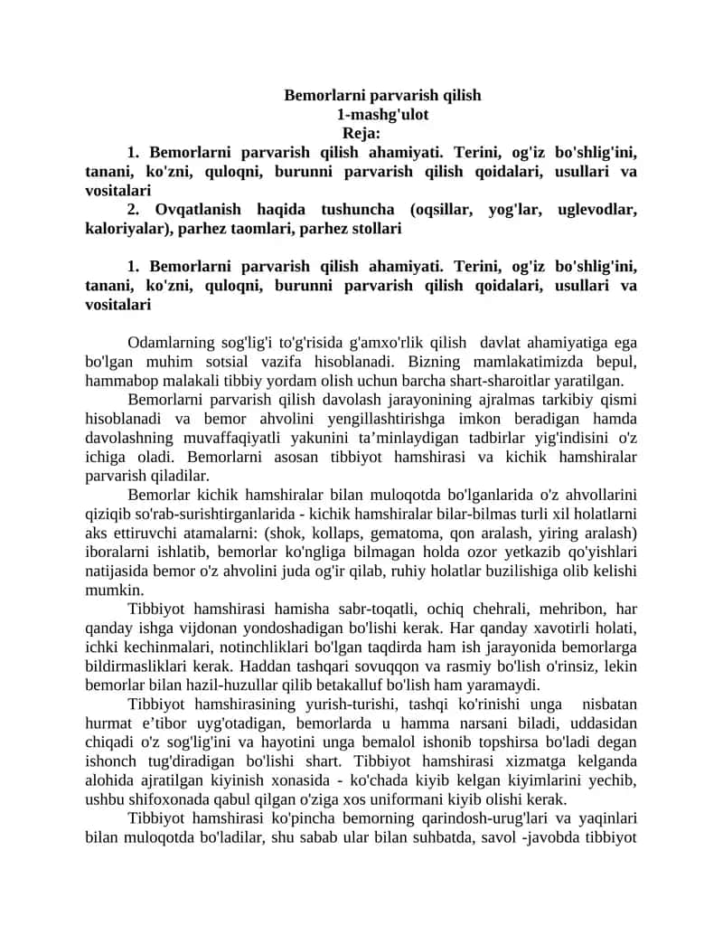 Bemorlarni parvarish qilish 1