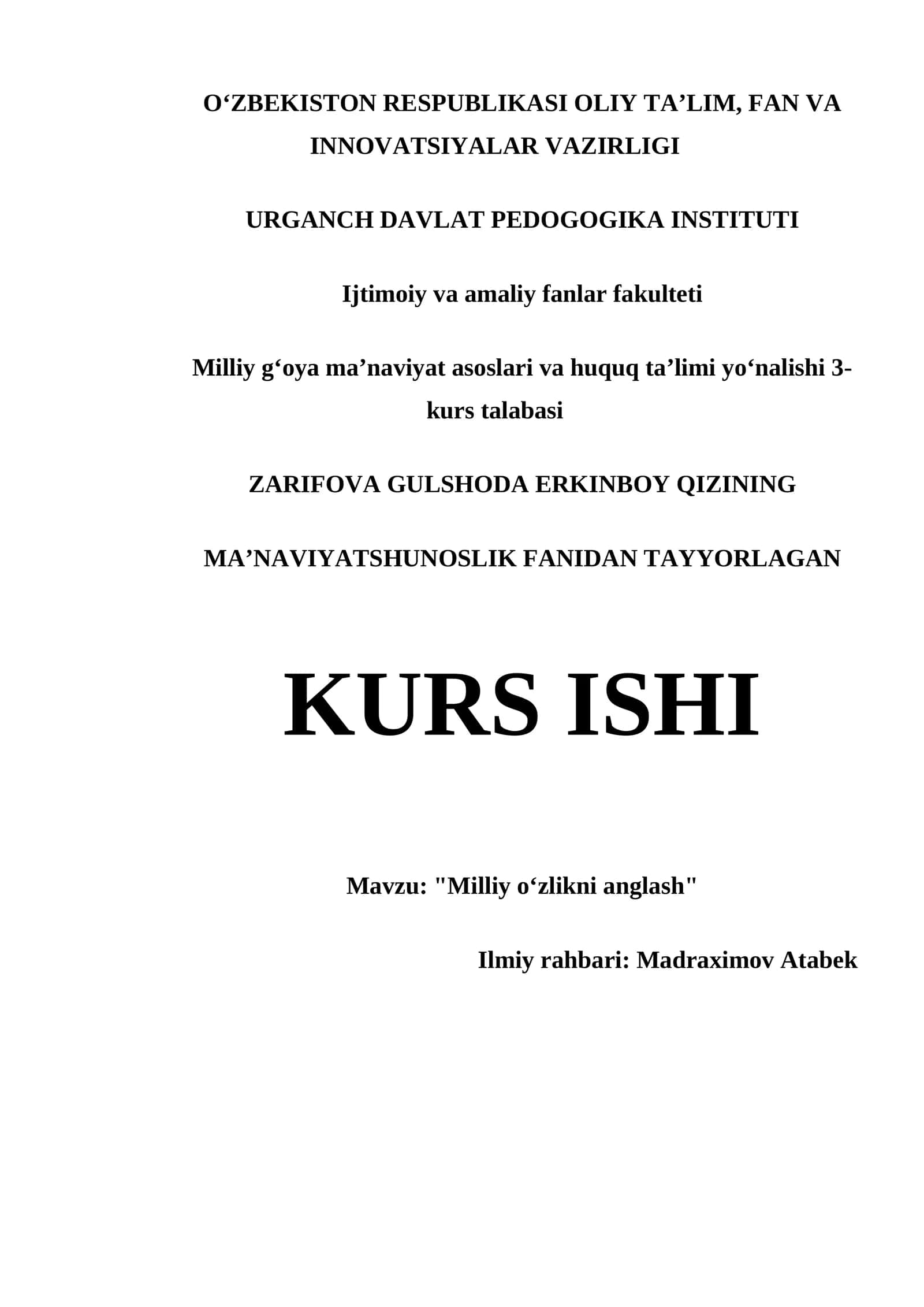 "Milliy oʻzlikni anglash" kurs ishi 1