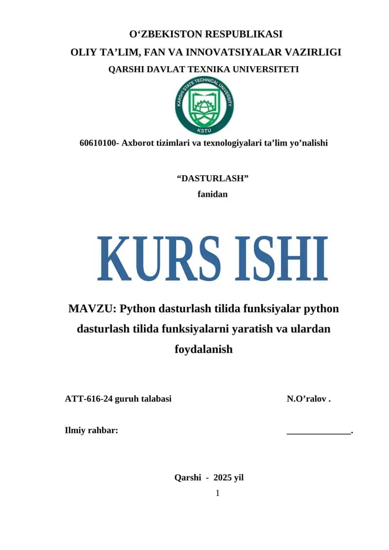 MAVZU Python dasturlash tilida funksiyalar python dasturlash tilida funksiyalarni yaratish va ulardan foydalanish 1