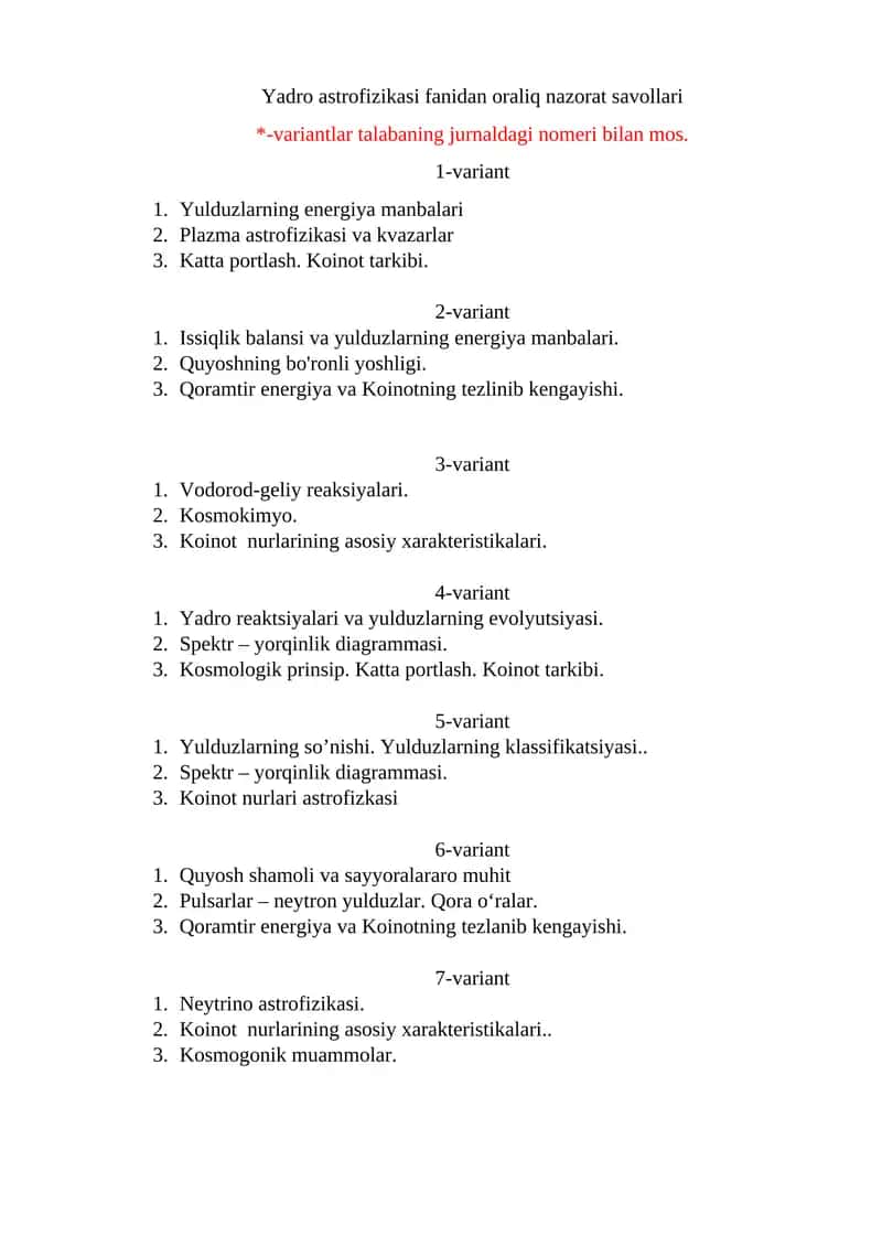 Yadro astrofizikasi fanidan oraliq nazorat savollari 1