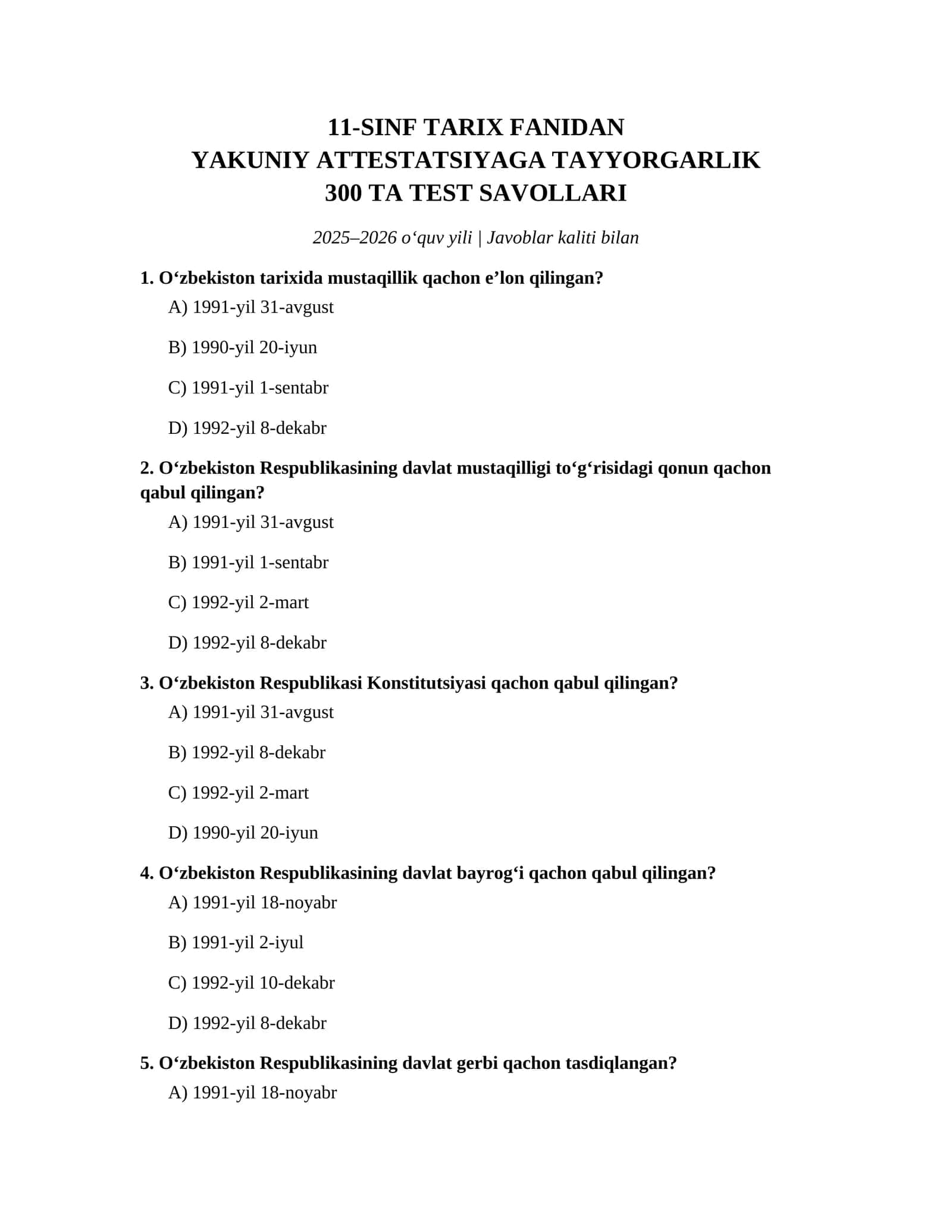 11-sinf tarix fanidan yakuniy attestatsiya imtihonlari javoblari 2026 oʻquv yili 1