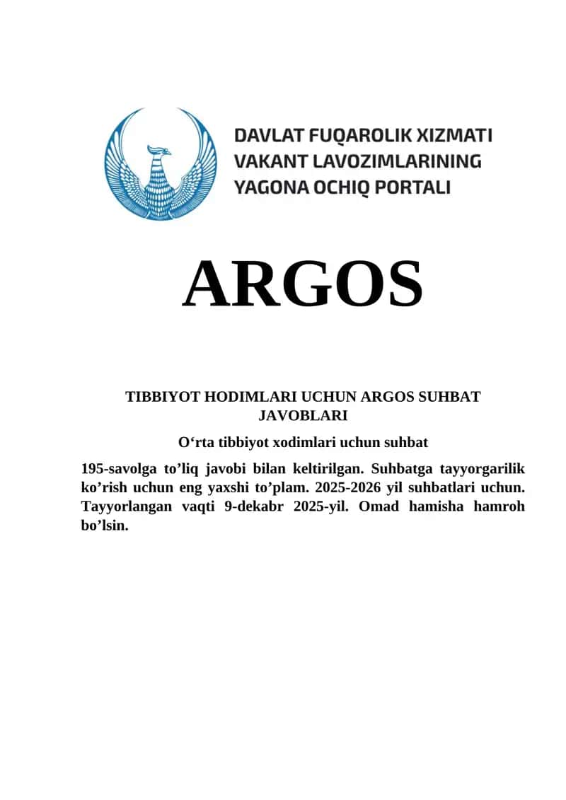 ARGOS TIBBIYOT HODIMLARI UCHUN ARGOS SUHBAT JAVOBLARI 1