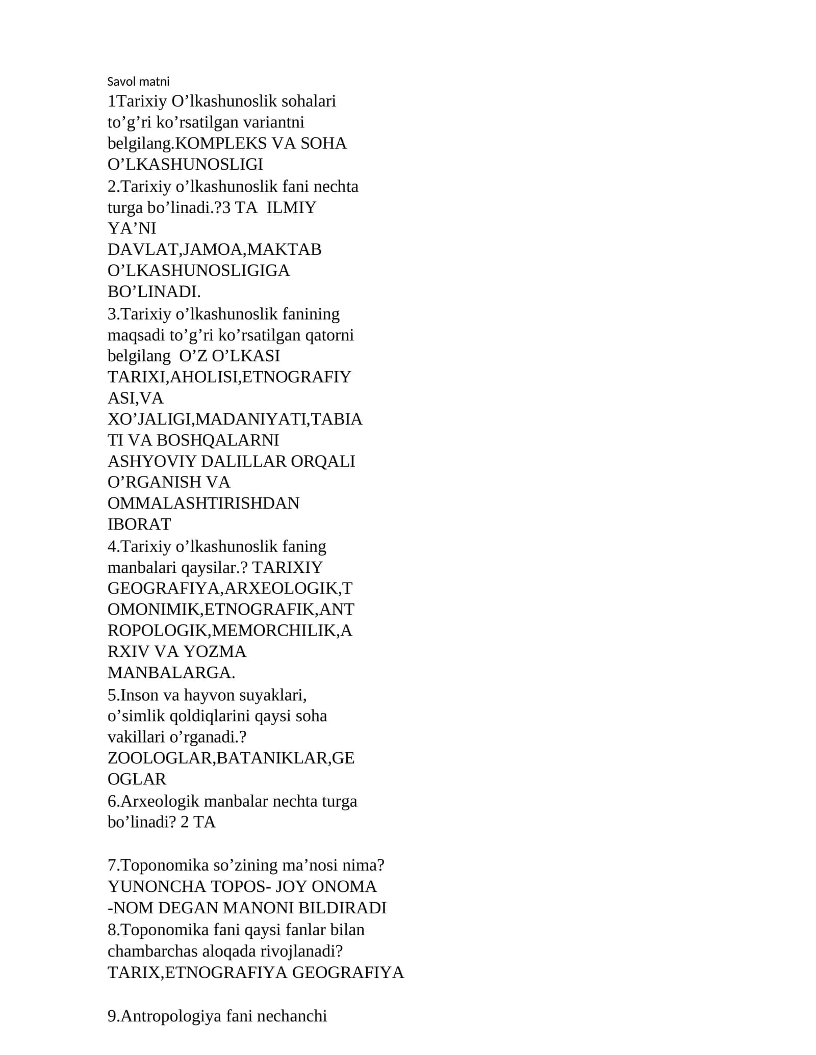 Tarixiy O’lkashunoslik Fanidan Savol Matni 1
