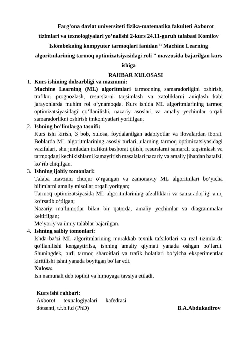 Machine Learning algoritmlarining tarmoq optimizatsiyasidagi roli 1
